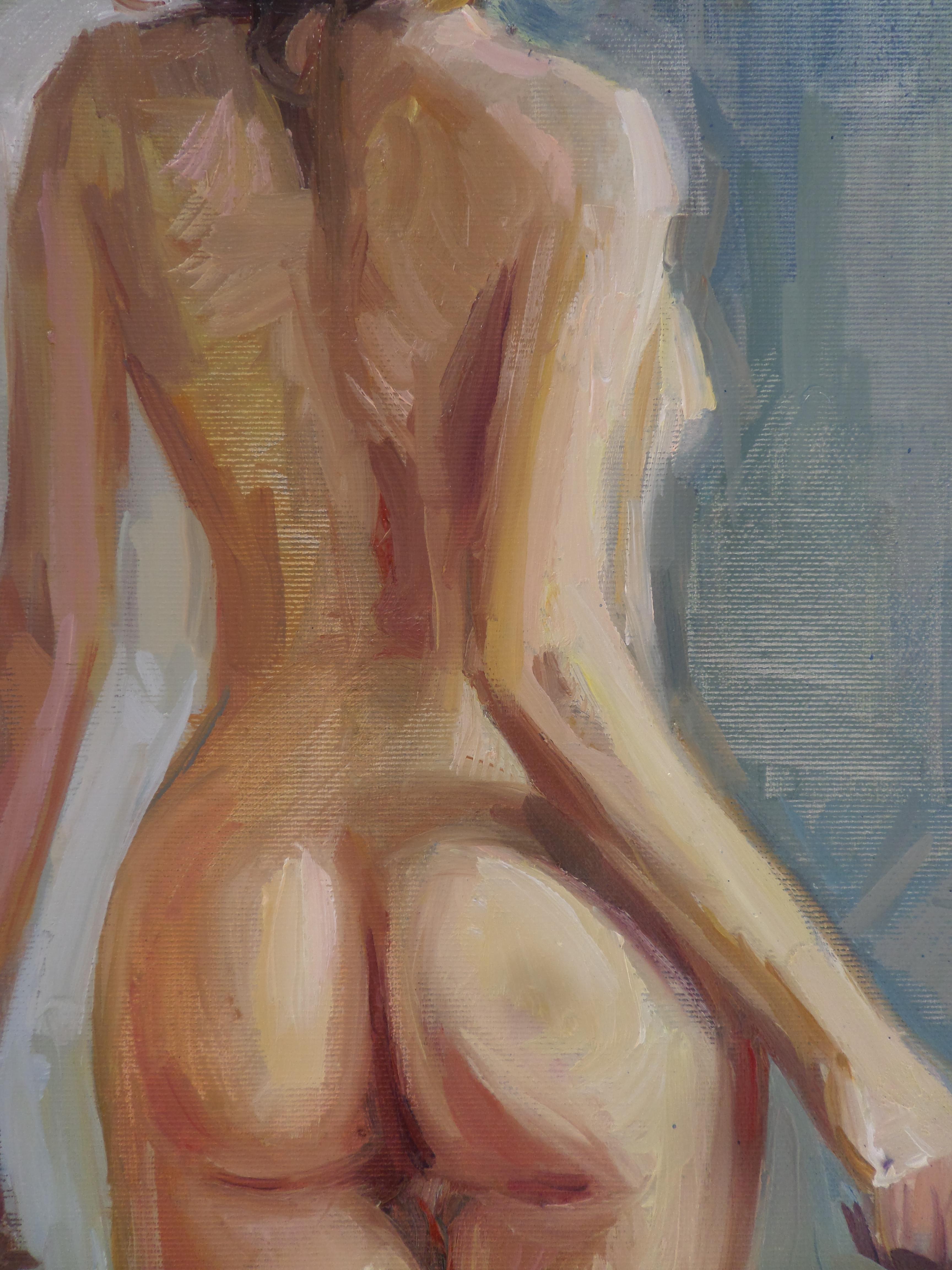 Chica - Pintura al Óleo Figurativa Colores Azul Gris Pálido Negro Blanco - Painting Impresionista de Ivan Roussev