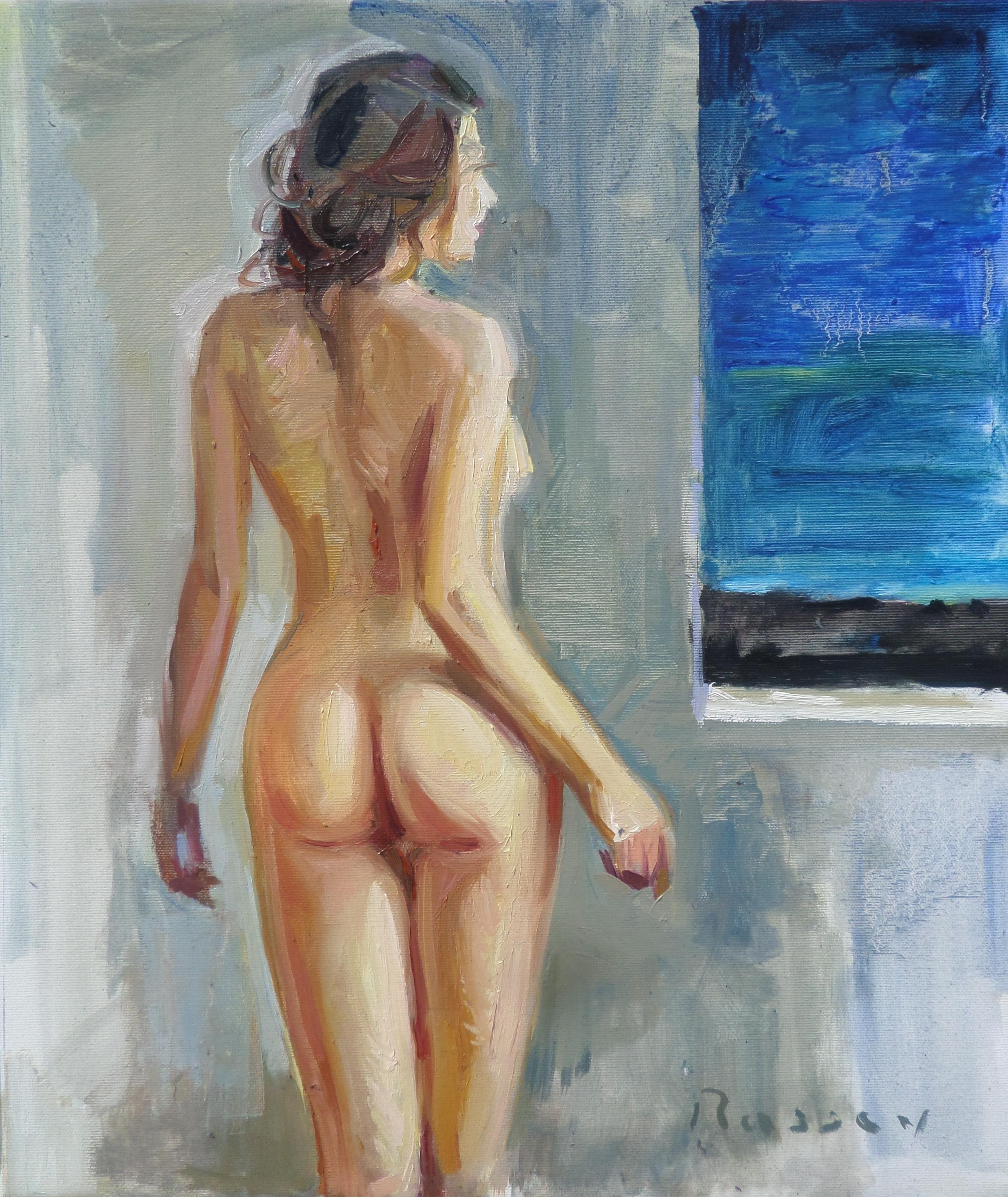 Ivan Roussev Nude Painting - Girl - Figurative Oil Painting Colors Blue Pale Grey Black White