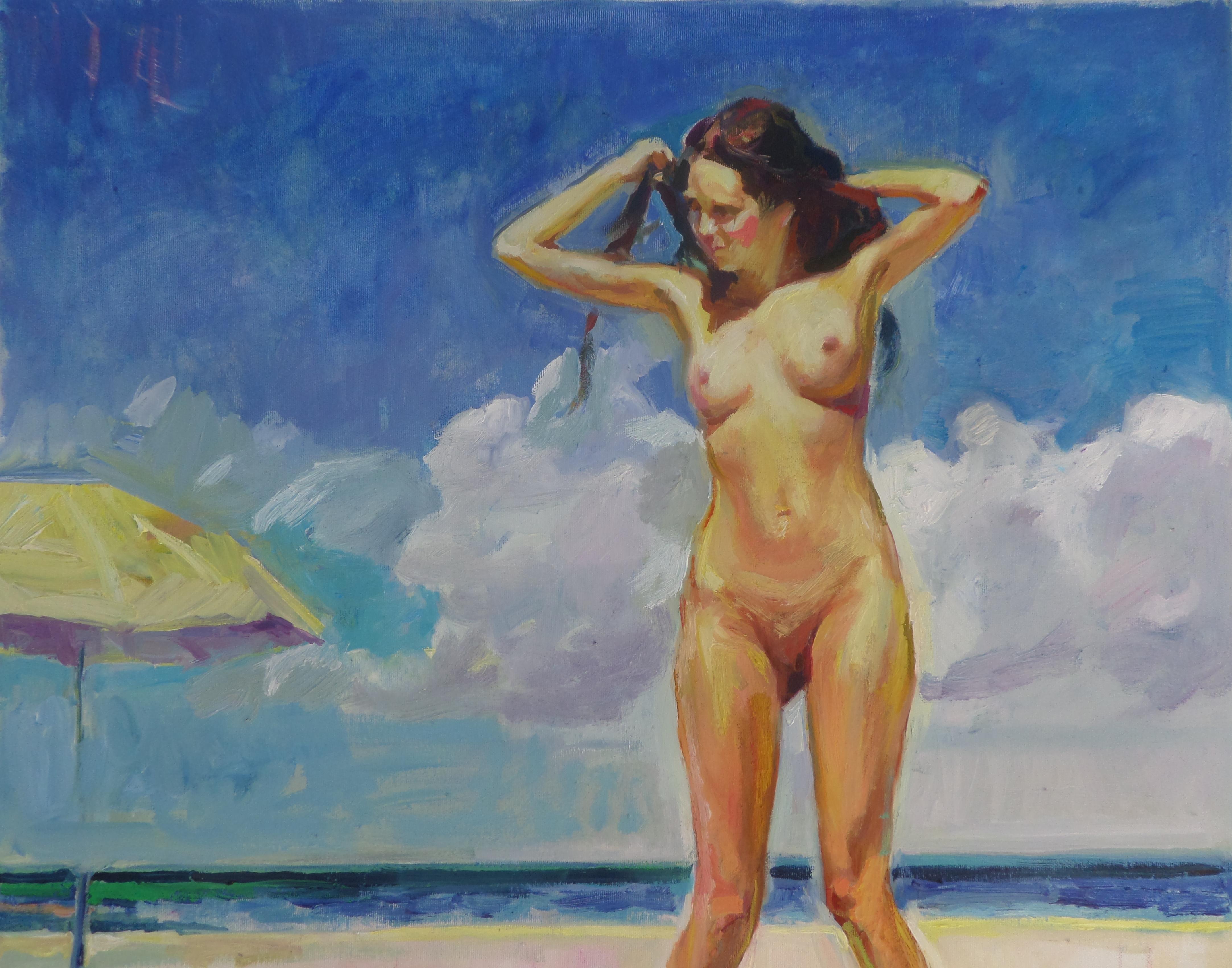 Happy Summer - Peinture à l'huile figurative nue bleu pâle blanc jaune - Painting de Ivan Roussev