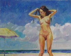 Happy Summer - Pittura ad olio figurativa di nudo colori Blu Pallido Bianco Giallo