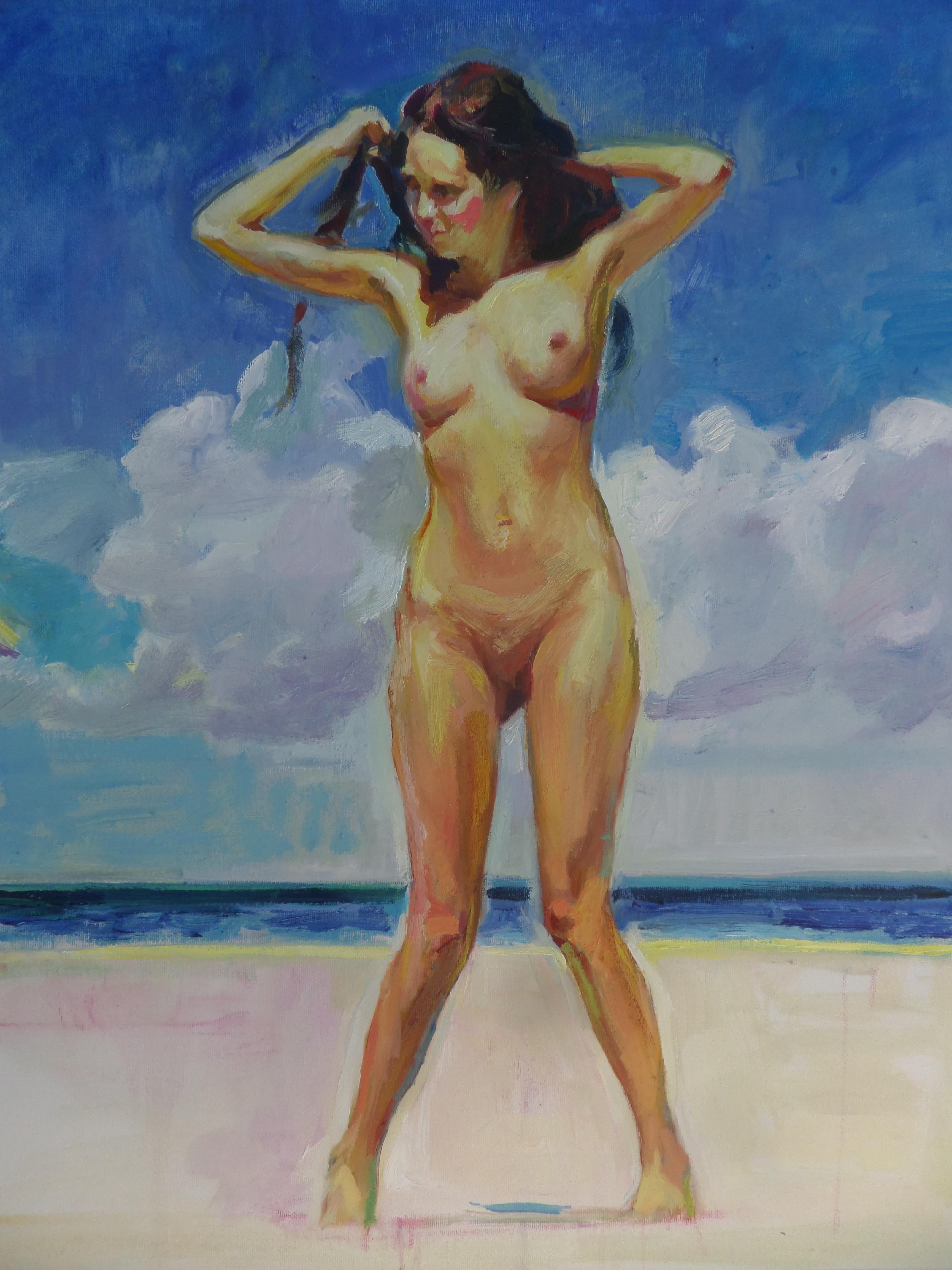 Happy Summer - Nude Figurative Oil Painting colors Blue Pale White Yellow - Gray Figurative Painting by Ivan Roussev