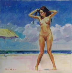 Happy Summer - Nude Figurative Oil Painting colors Blue Pale White Yellow