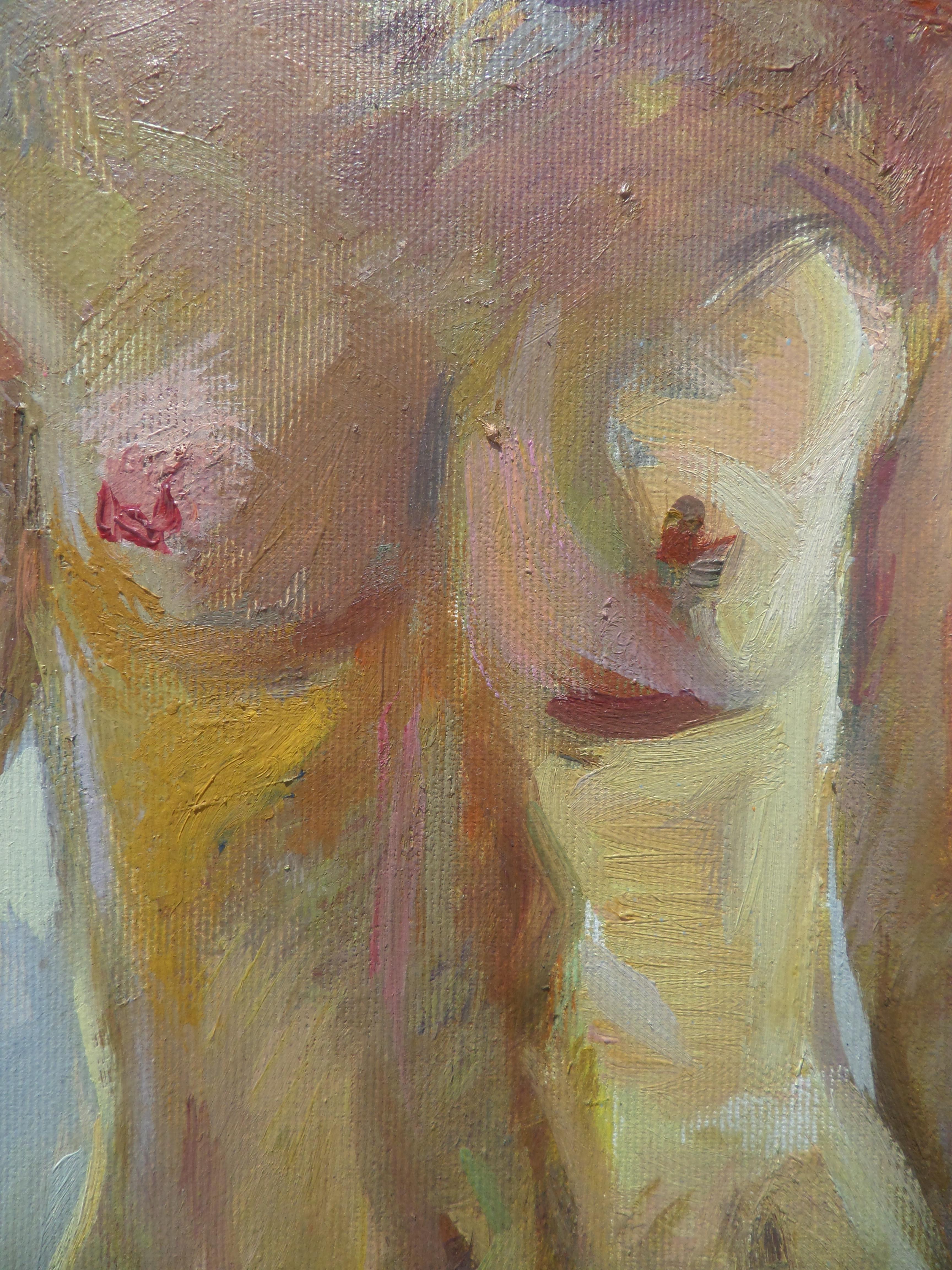 Estate calda - Pittura a olio con colori nudi Blu Giallo Marrone Grigio - Painting di Ivan Roussev