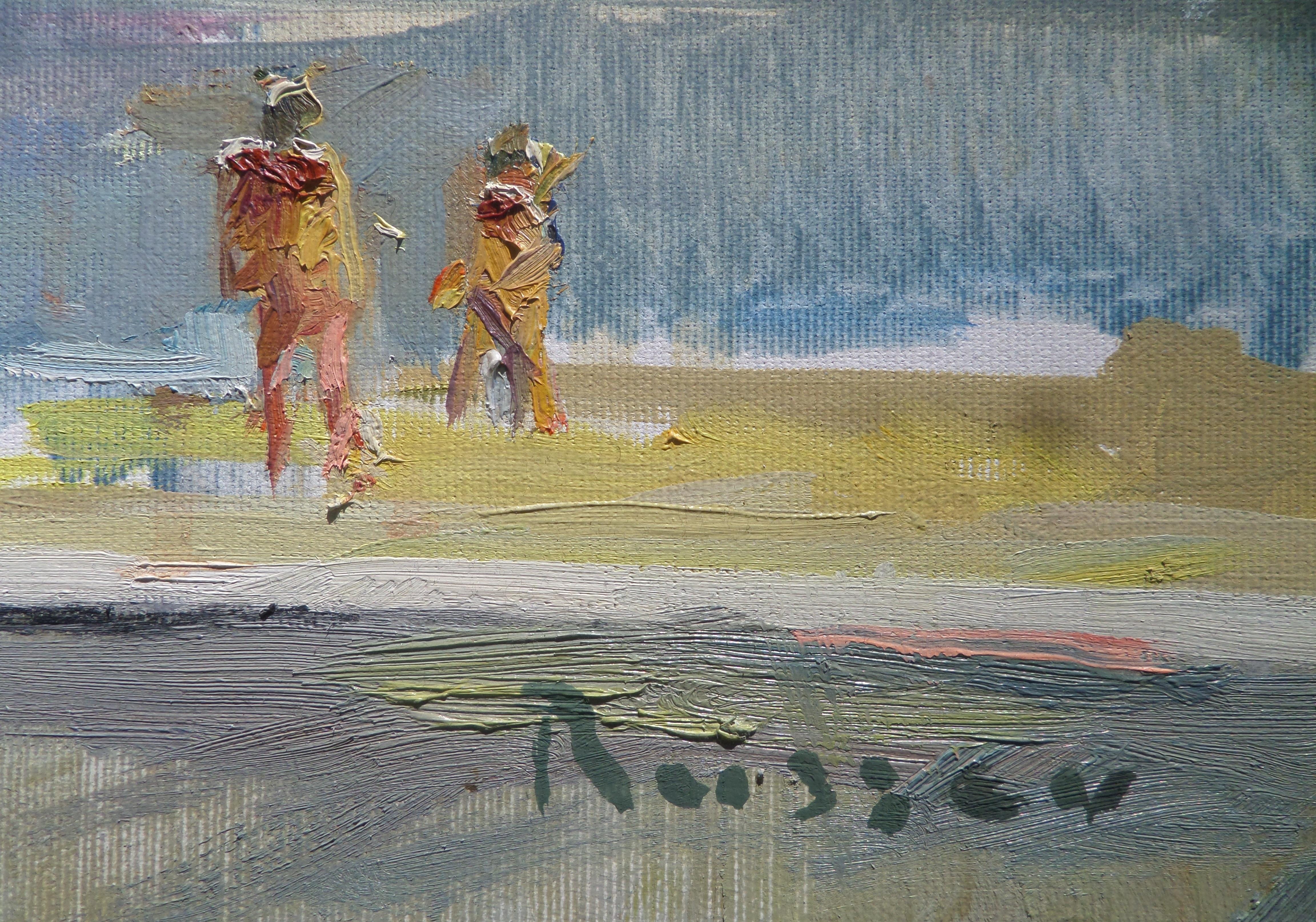 Estate calda - Pittura a olio con colori nudi Blu Giallo Marrone Grigio in vendita 2