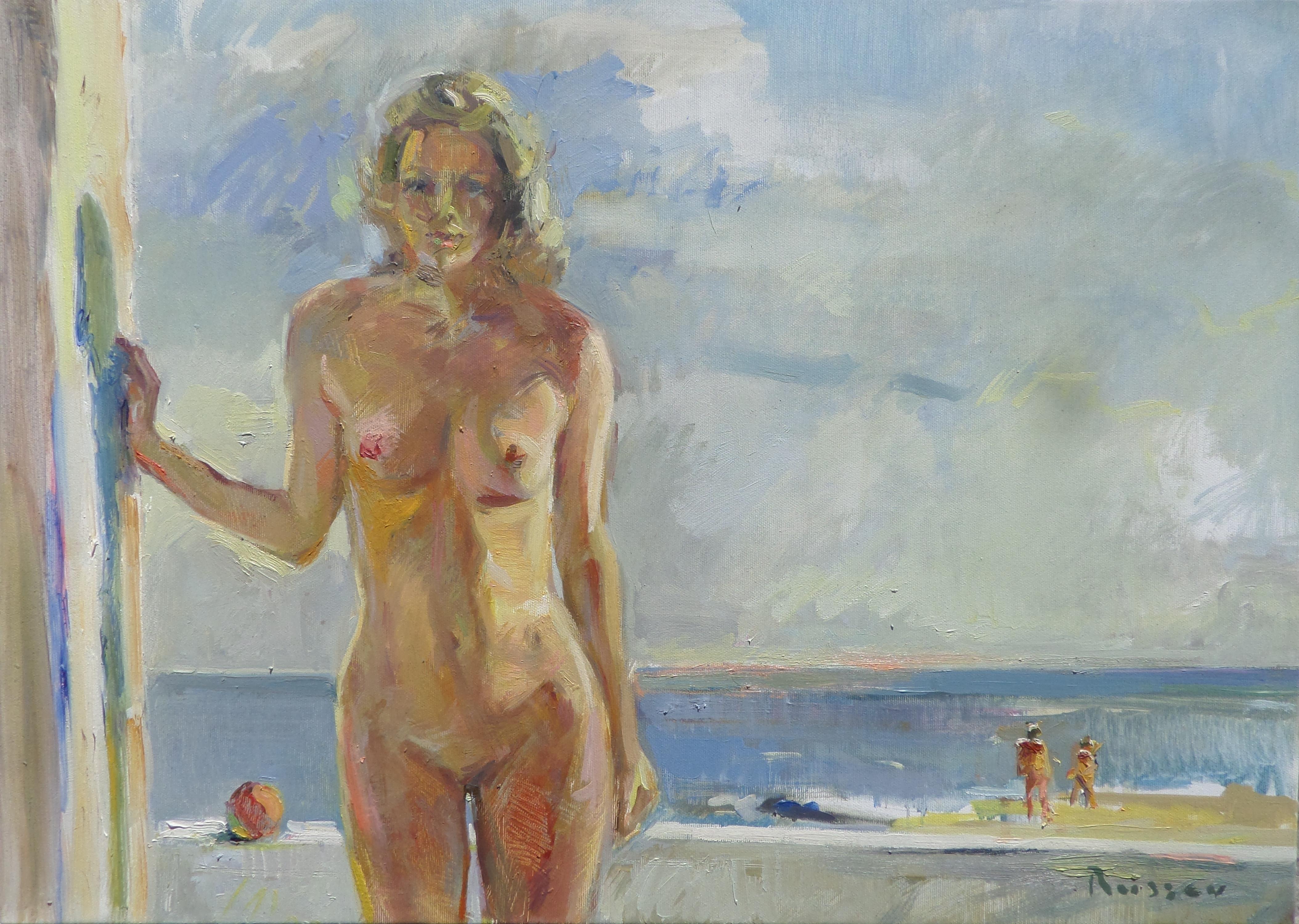 Nude Painting di Ivan Roussev - Estate calda - Pittura a olio con colori nudi Blu Giallo Marrone Grigio