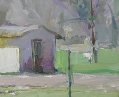 In The Farm - Landscape Oil Painting Colors Green Grey White Brown Blue