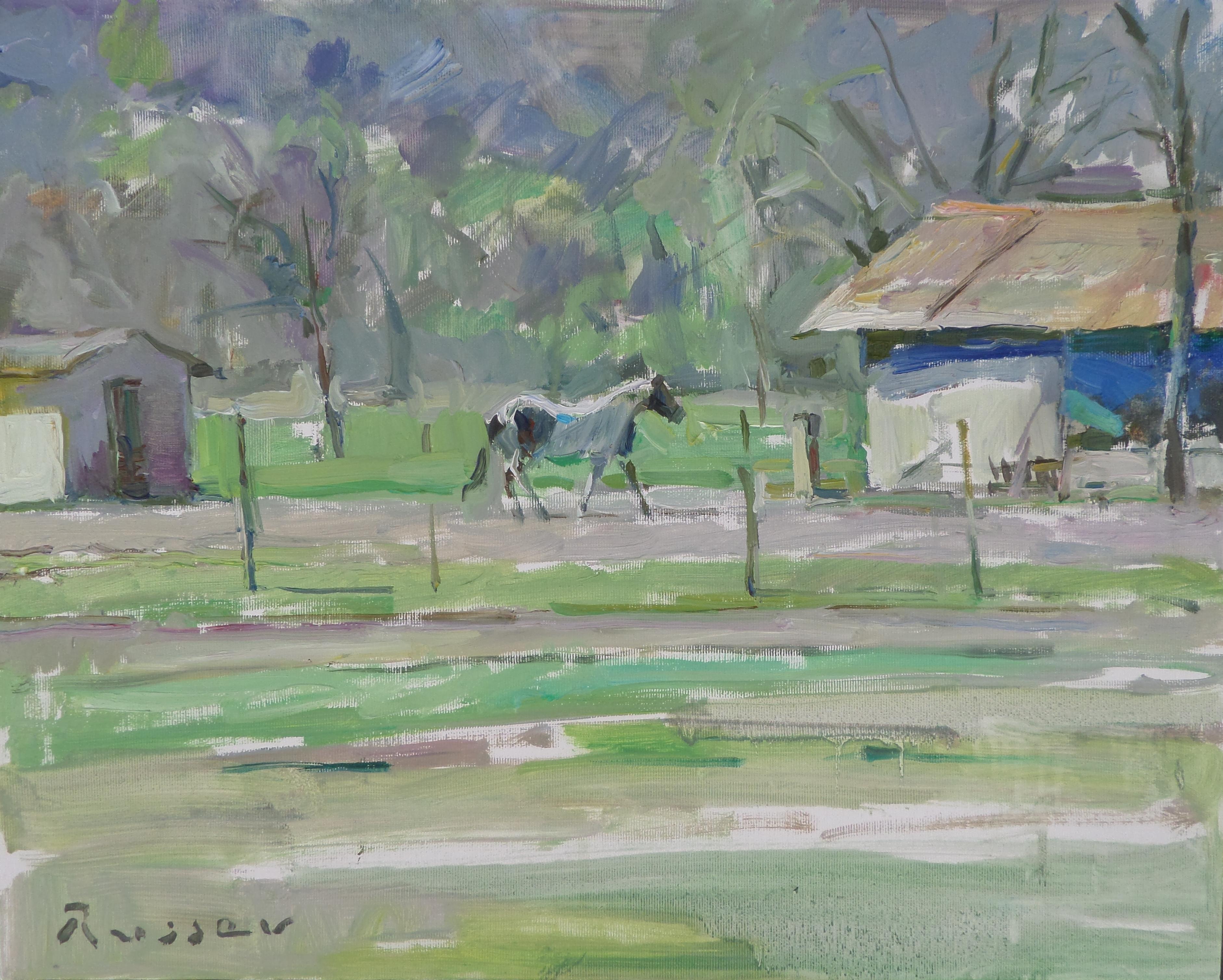 Ivan Roussev Landscape Painting - In The Farm - Landscape Oil Painting Colors Green Grey White Brown Blue