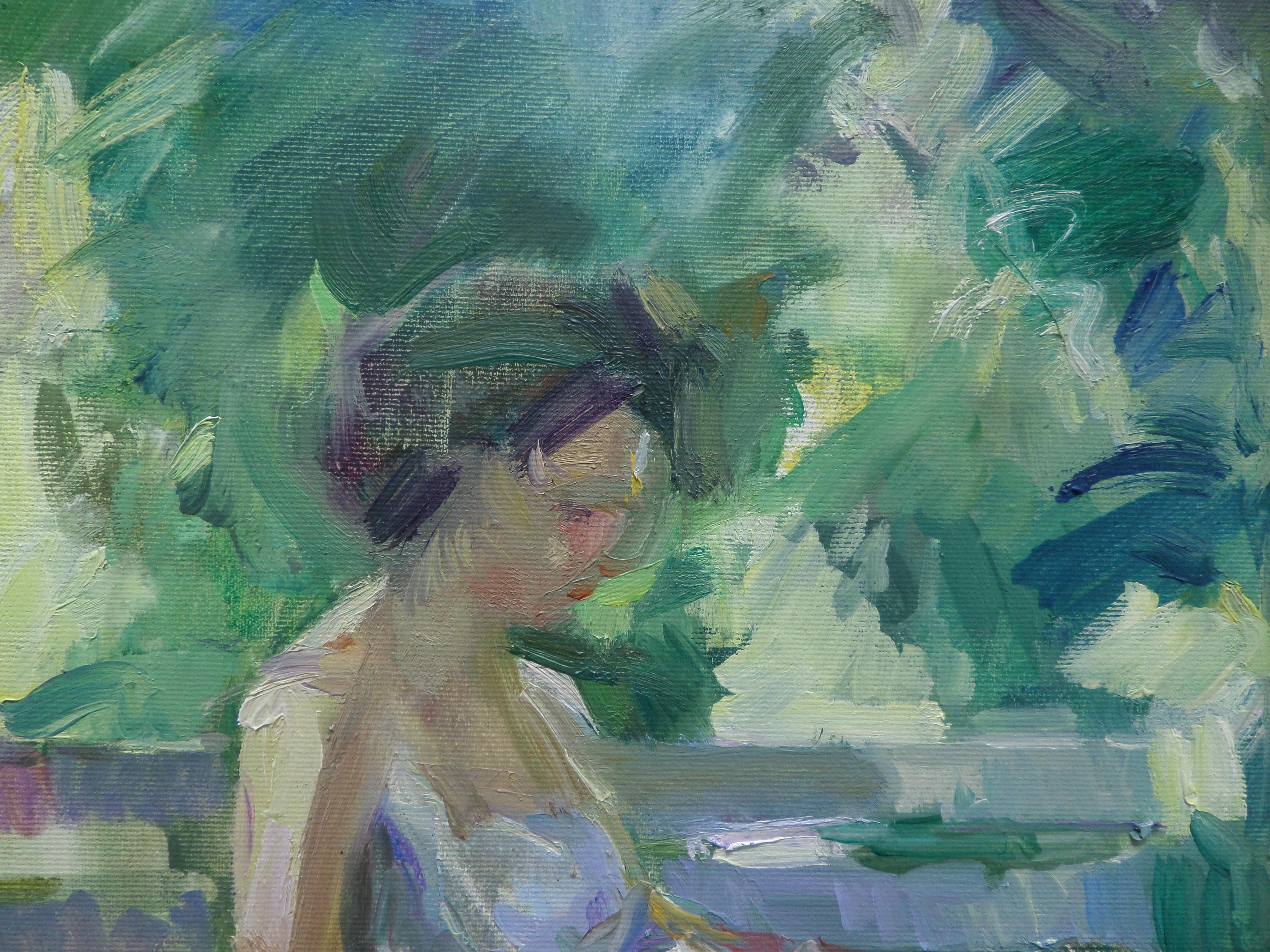 Juin - Paysage Peinture à l'huile Couleurs Vert Bleu Blanc Jaune Brown Grey - Impressionnisme Painting par Ivan Roussev