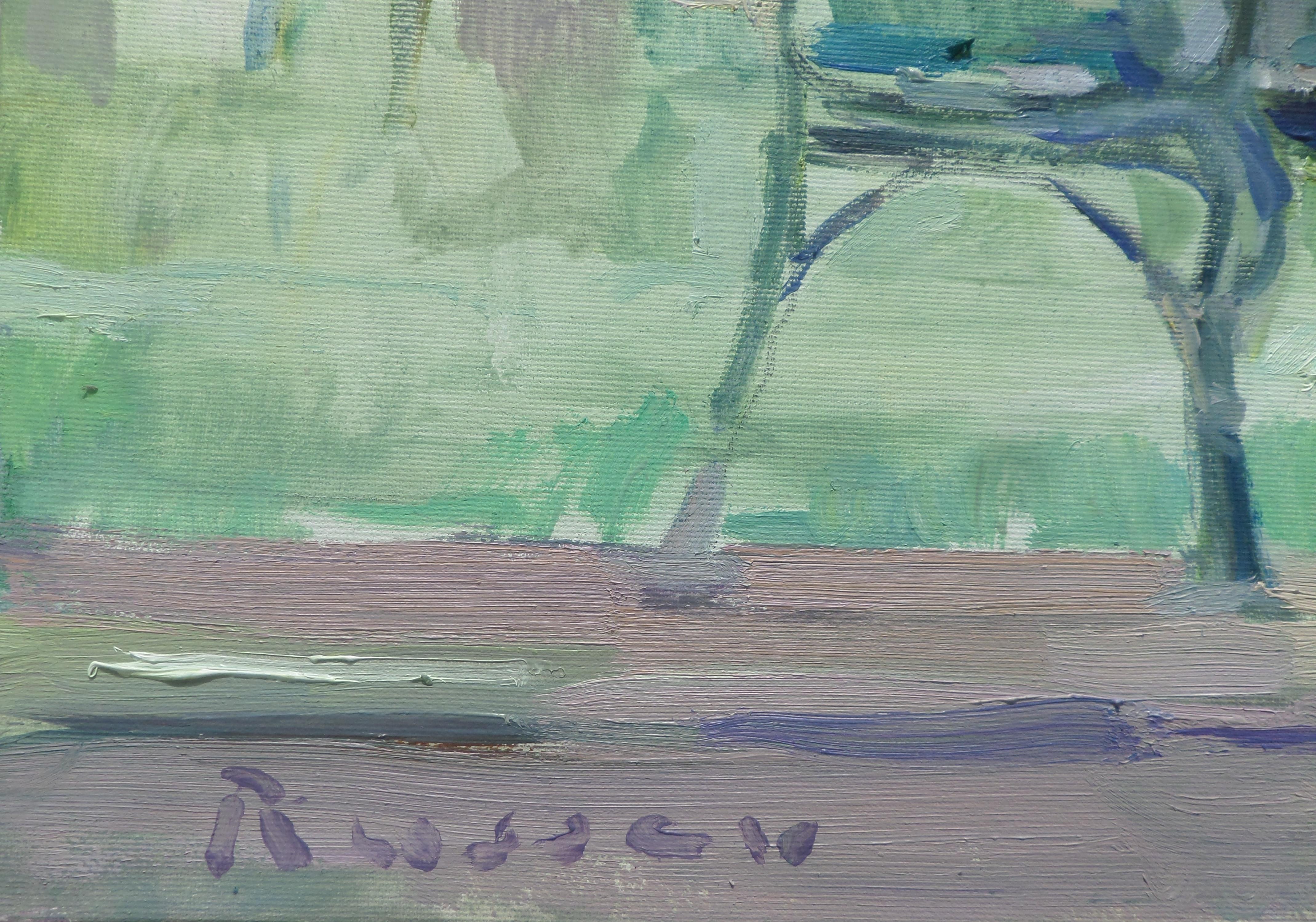 Juin - Paysage Peinture à l'huile Couleurs Vert Bleu Blanc Jaune Brown Grey - Gris Landscape Painting par Ivan Roussev