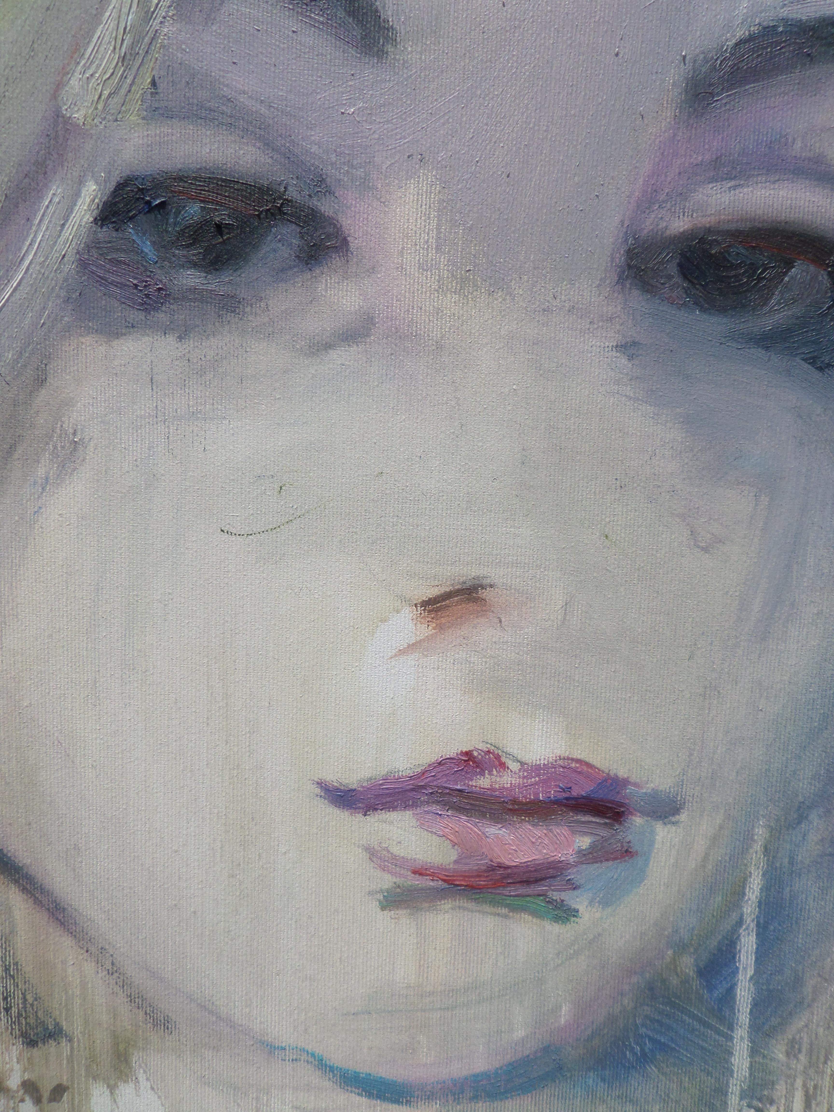 Meine erste Liebe - Portrait Ölgemälde Farben Weiß Rosa Grau Blau Rosa Schwarz  – Painting von Ivan Roussev