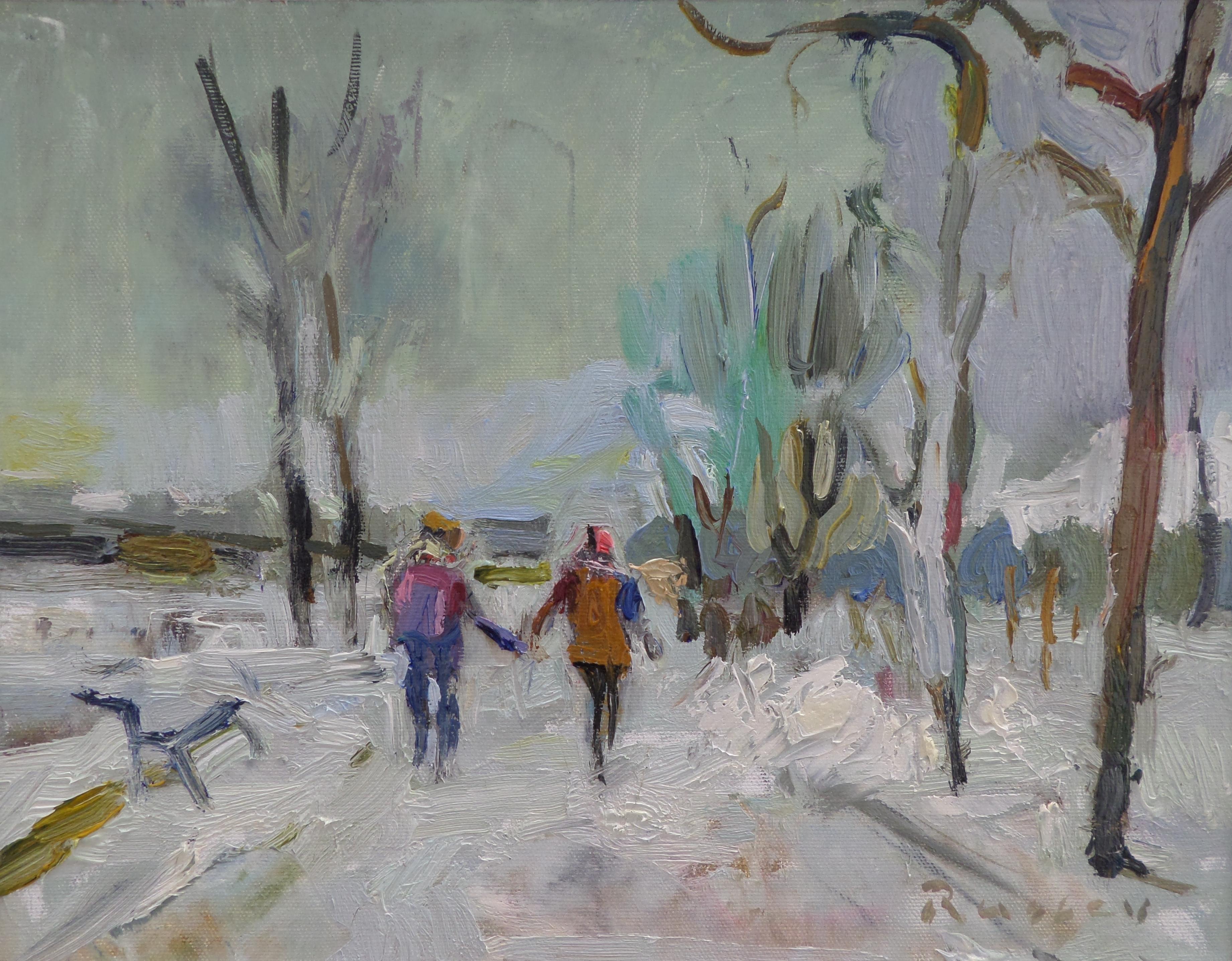 Ivan Roussev Landscape Painting - Magic Winter - Landscape Oil Paintings Colors Green White Brown Grey Blue