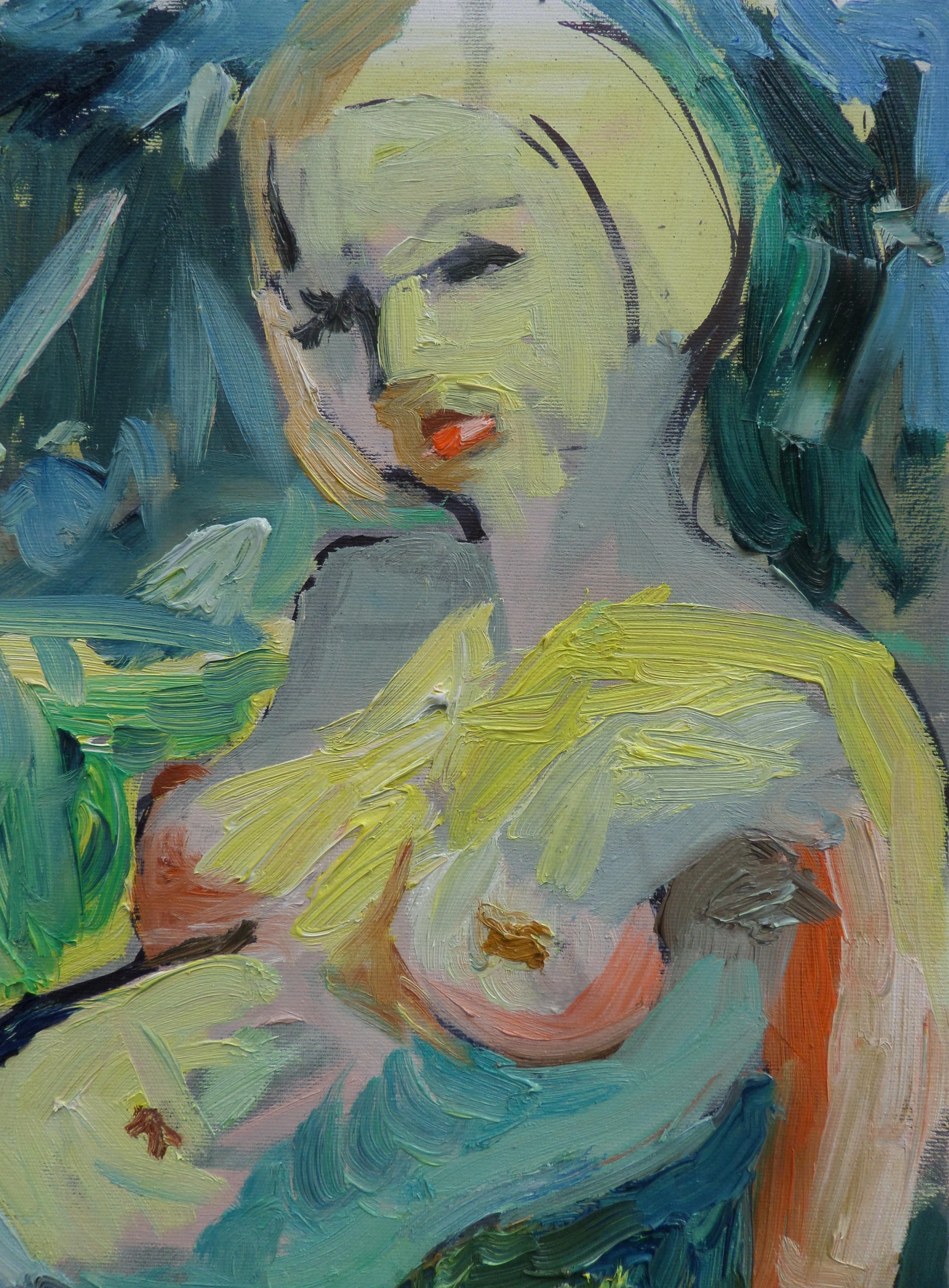 Marguerites - Figurative Nude Oil Painting Colors Green Brown Yellow Pale Blue  For Sale 3