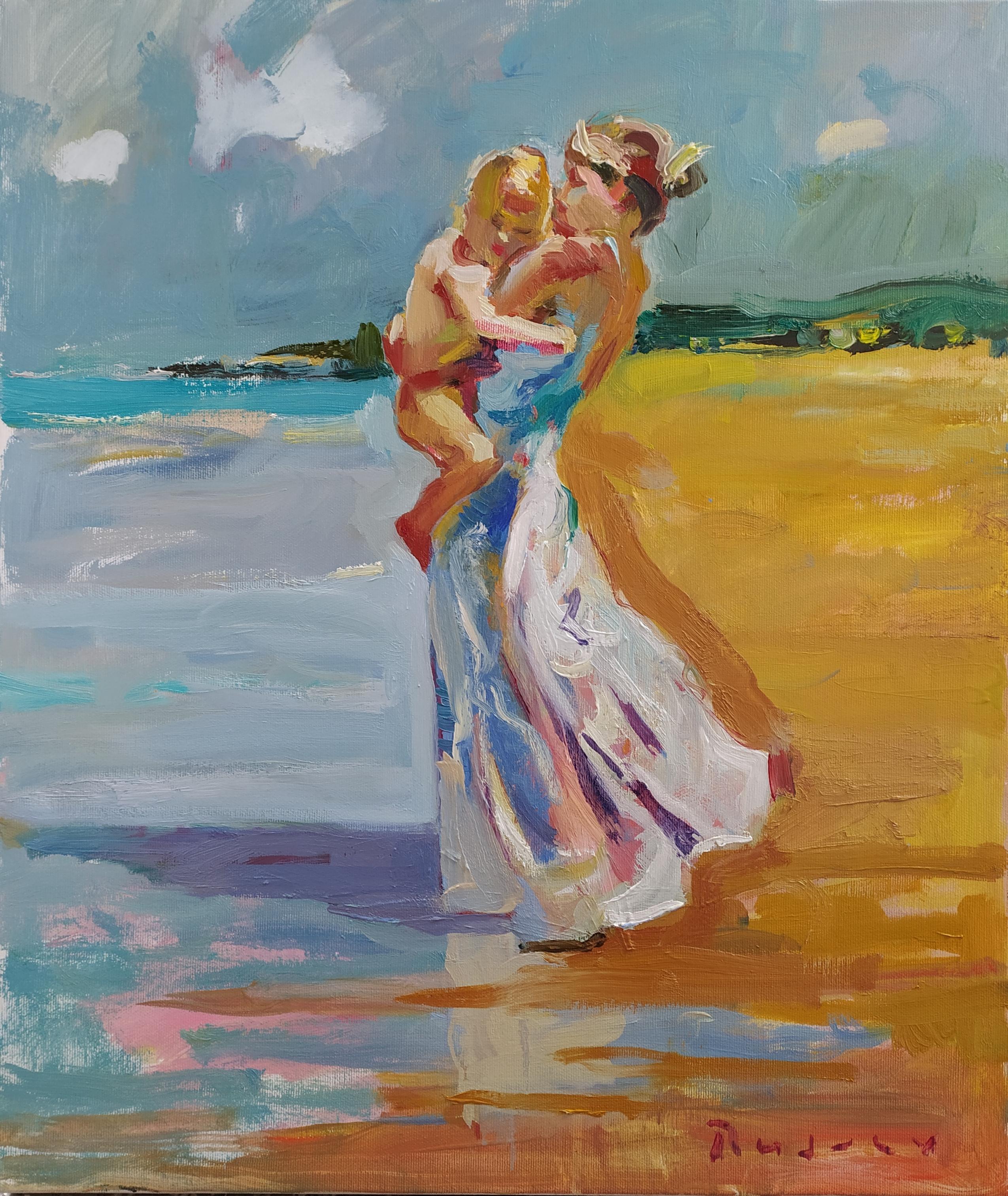 Landscape Painting de Ivan Roussev - Madre - Pintura al Óleo Colores Azul Blanco Gris Amarillo Marrón Pálido