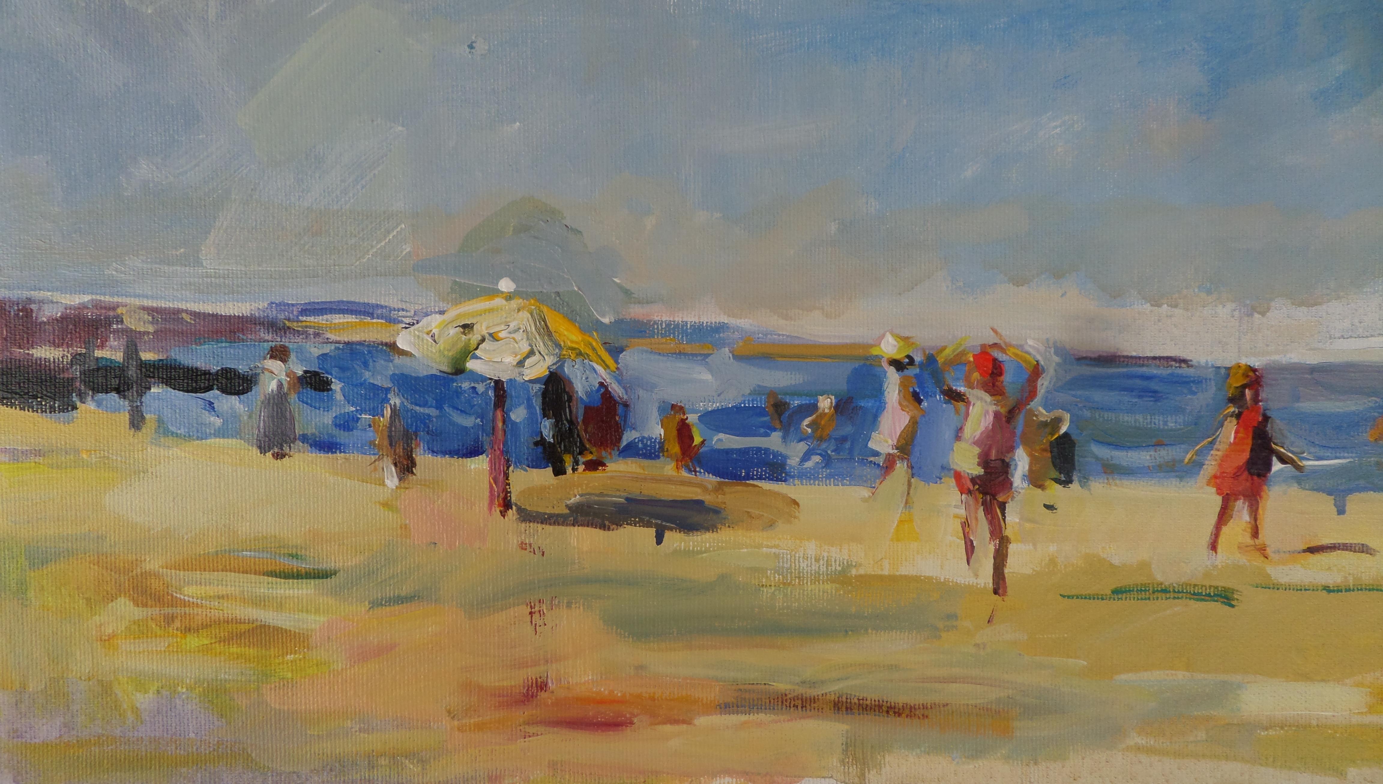 On The Beach - Landschaft Ölgemälde Farben Blau Gelb Weiß Braun Grau – Painting von Ivan Roussev