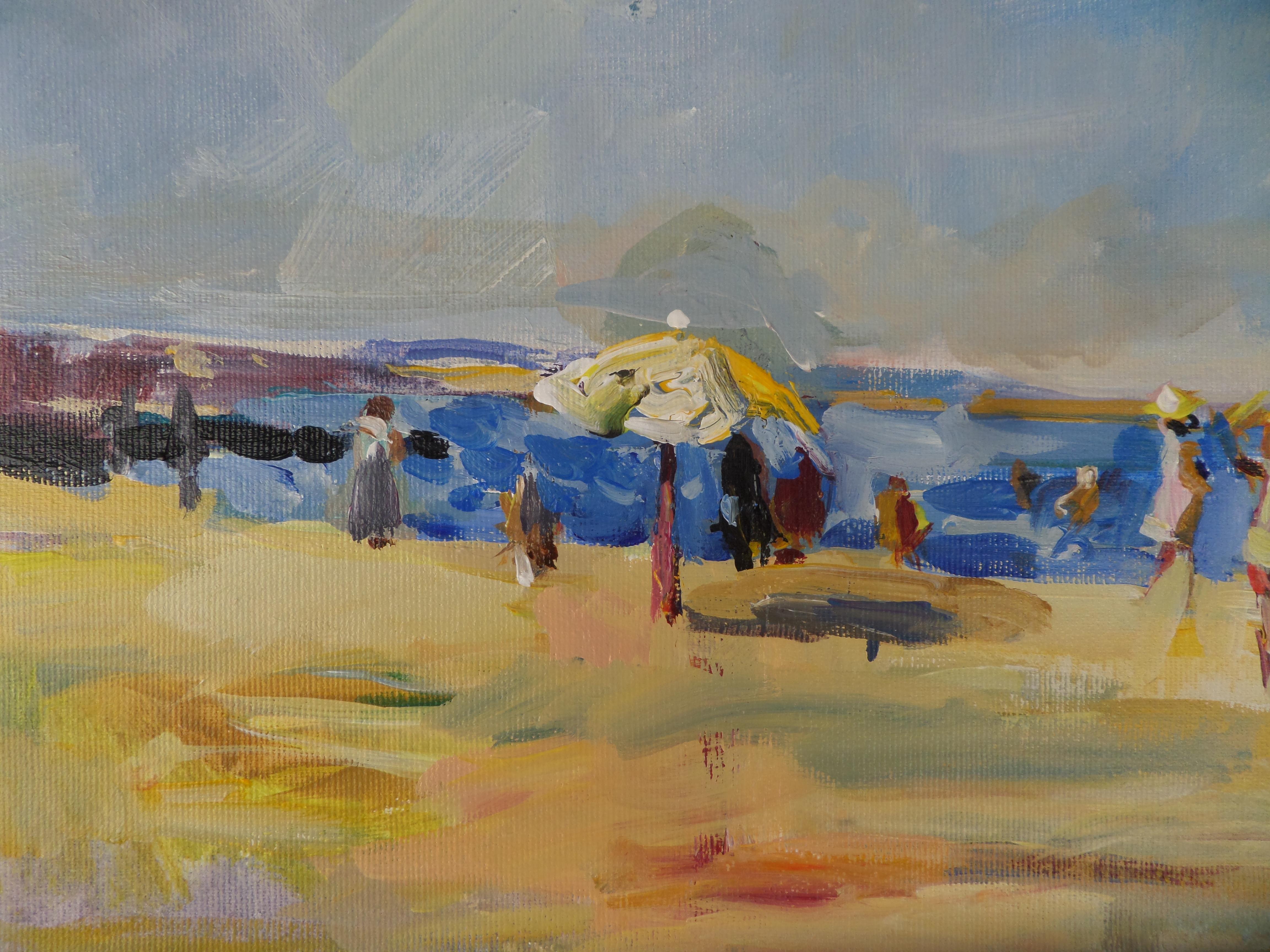 On The Beach - Paysage Peinture à l'huile Couleurs Bleu Jaune Blanc Brown Grey - Gris Figurative Painting par Ivan Roussev