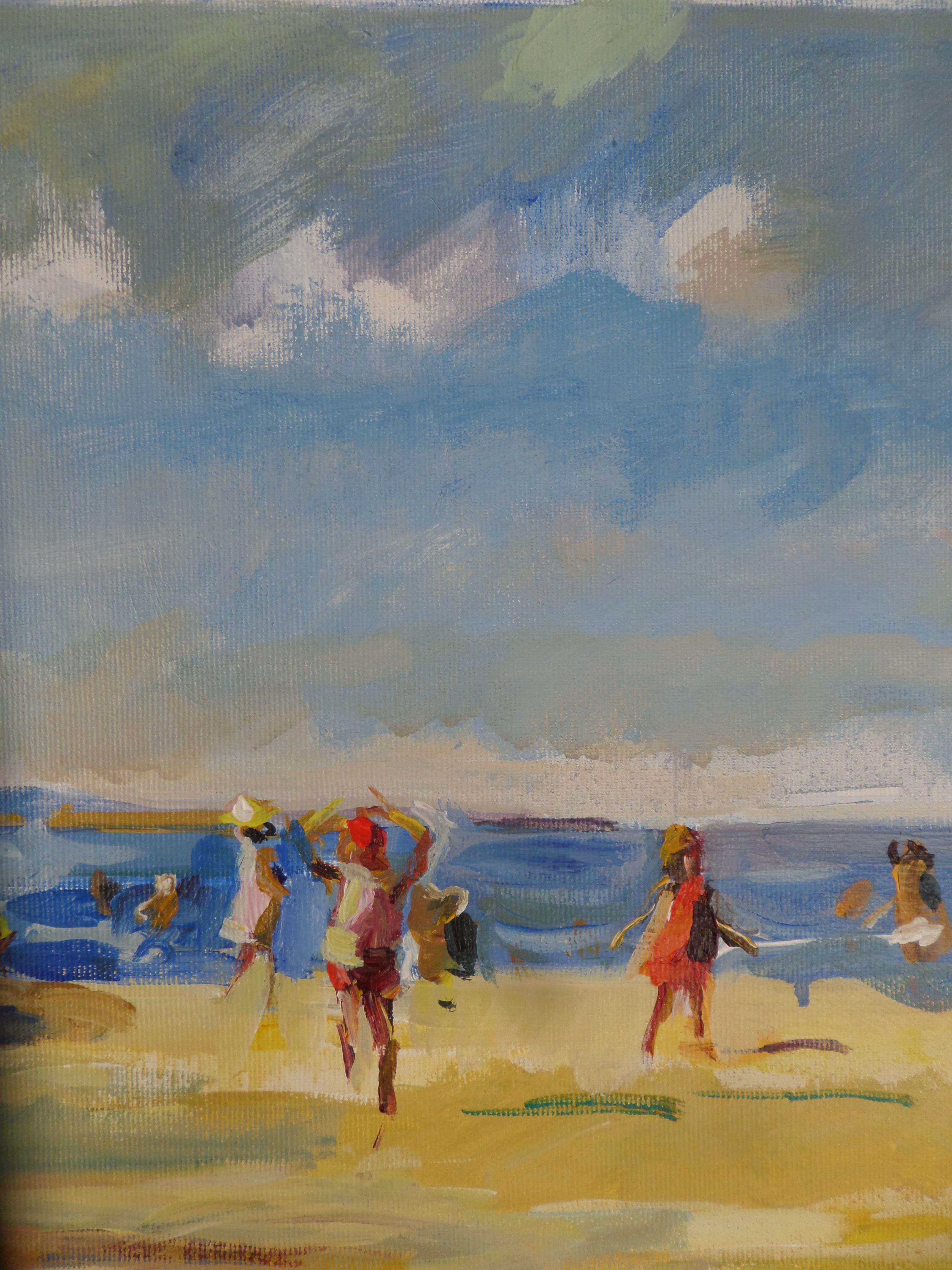 On The Beach - Landscape Oil Painting Colors Blue Yellow White Brown Grey For Sale 1