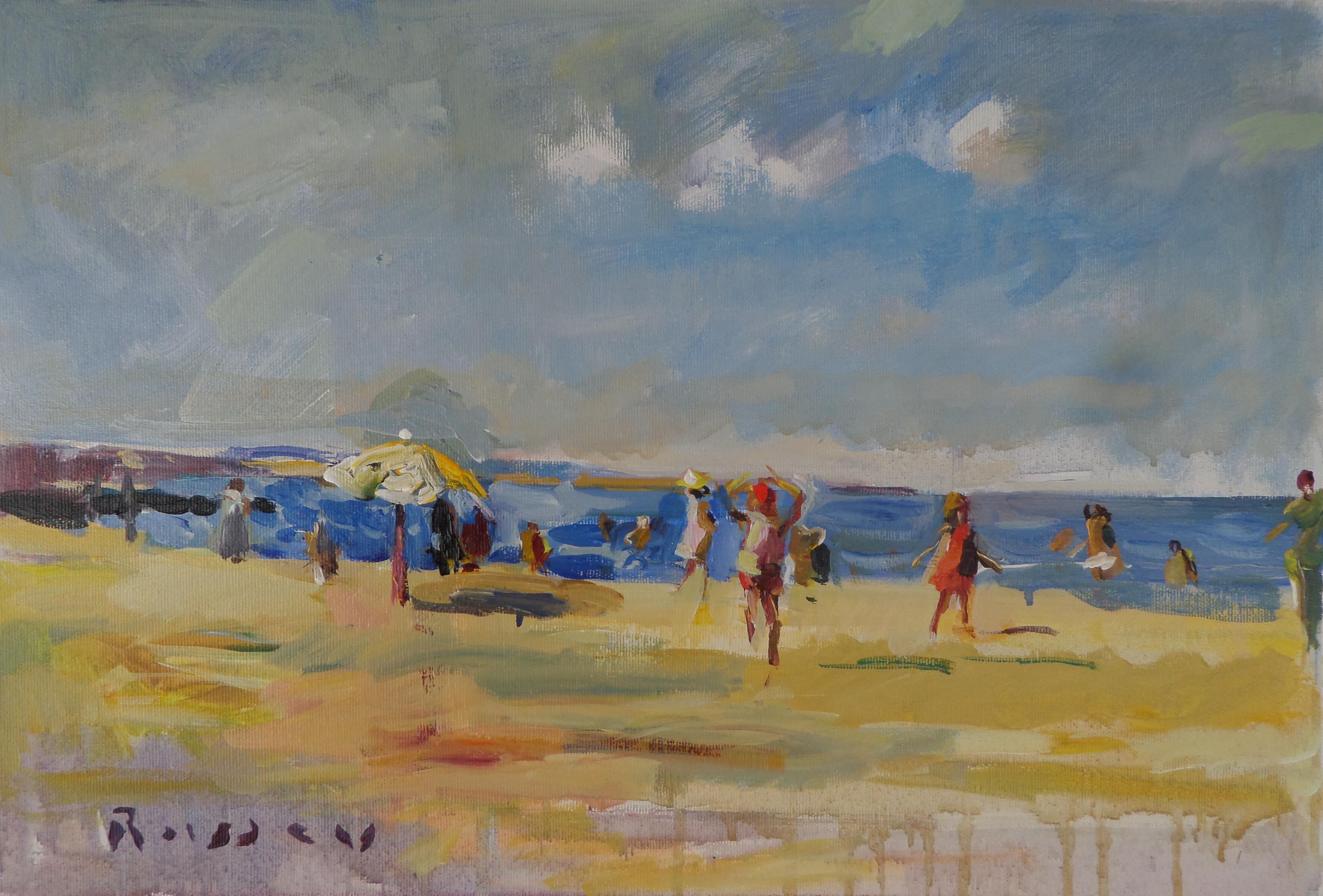 Ivan Roussev Figurative Painting – On The Beach - Landschaft Ölgemälde Farben Blau Gelb Weiß Braun Grau
