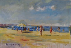 On The Beach - Landscape Oil Painting Colors Blue Yellow White Brown Grey