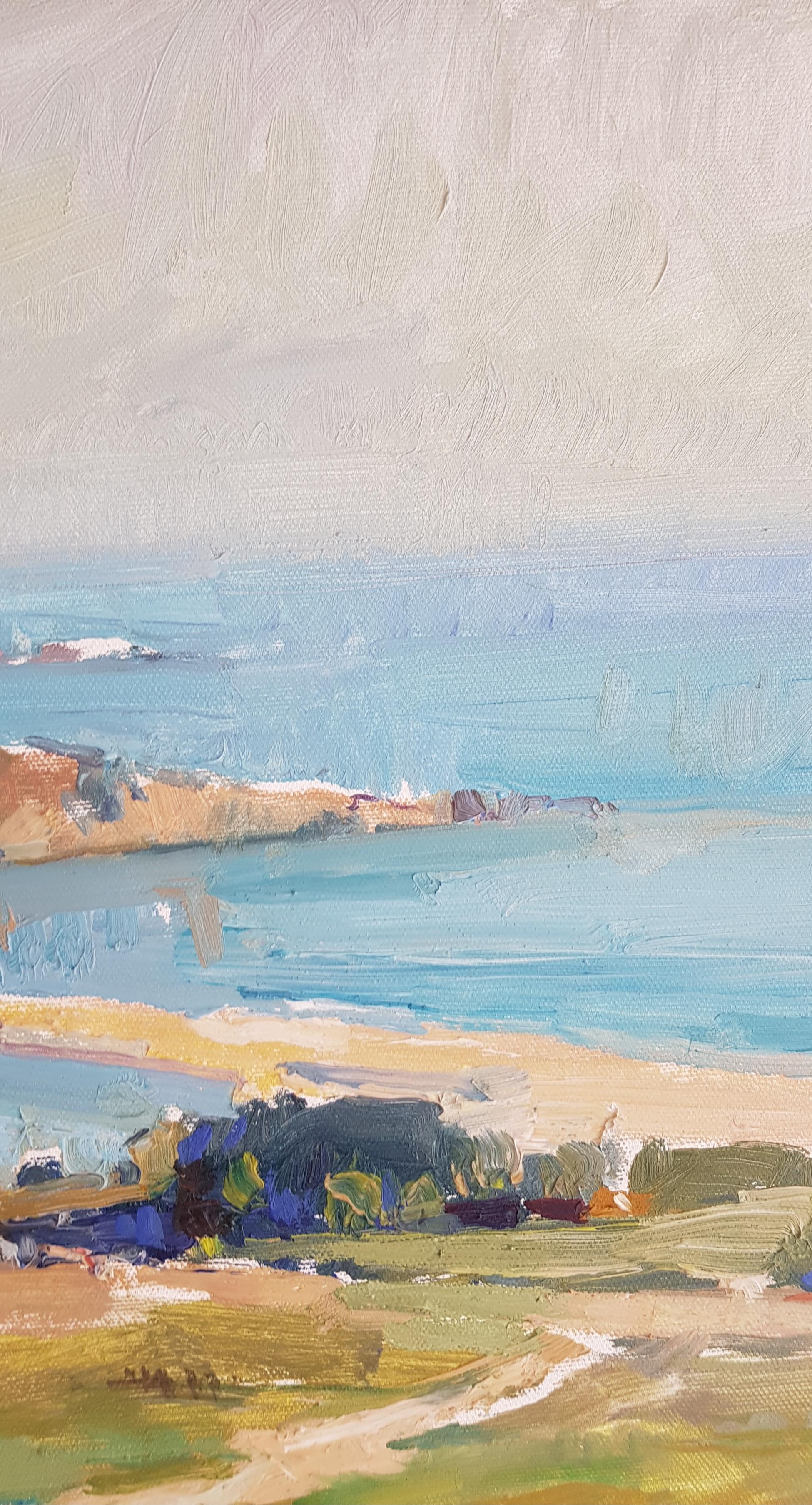 El último verano en Sinemoretz - Pintura de paisaje Lienzo Óleo Arenas verdes azules en venta 1