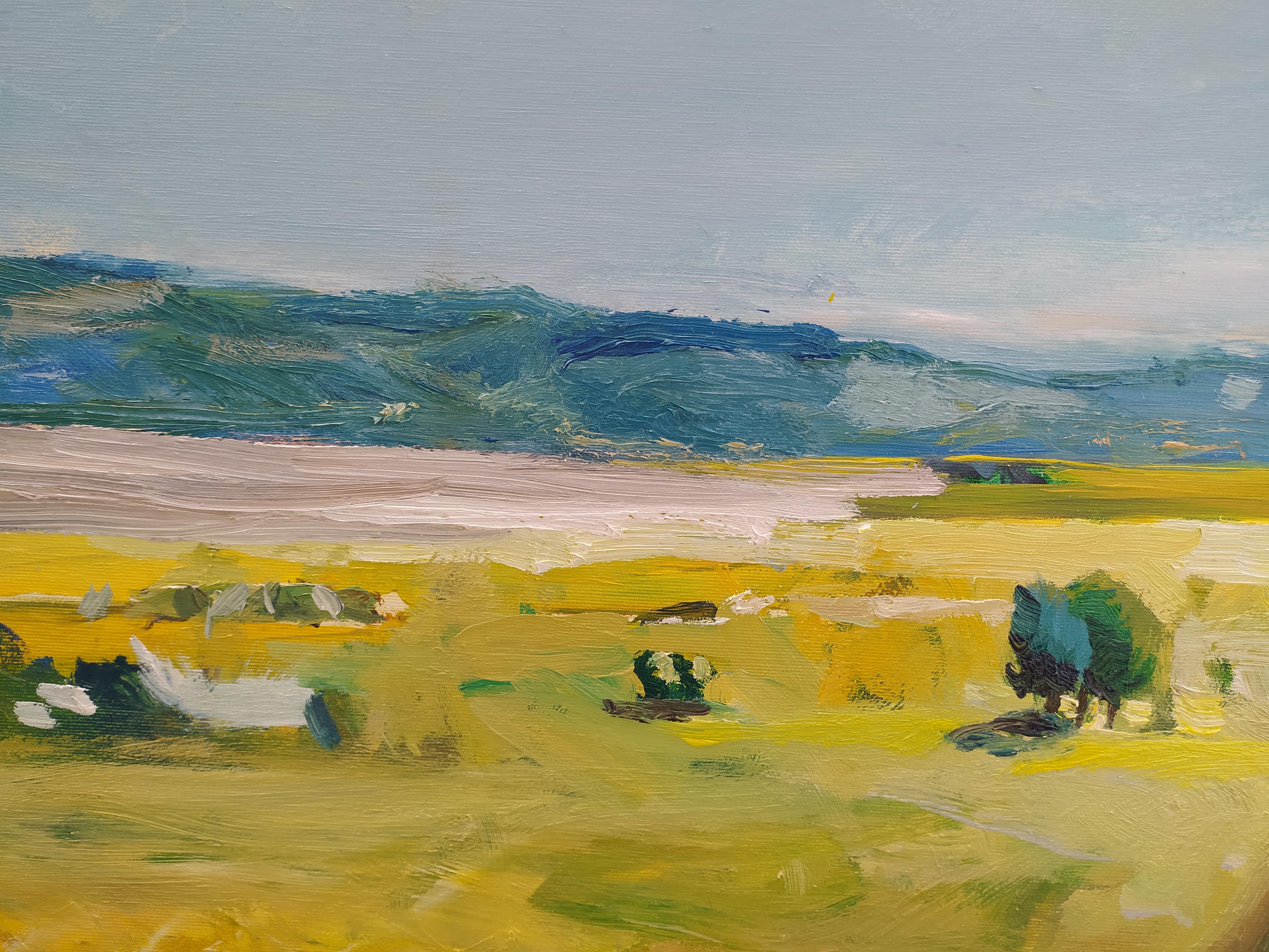 Provence - Öl-Landschaftsgemälde in Farben Blau Weiß Grau Grün Hellbraun (Impressionismus), Painting, von Ivan Roussev