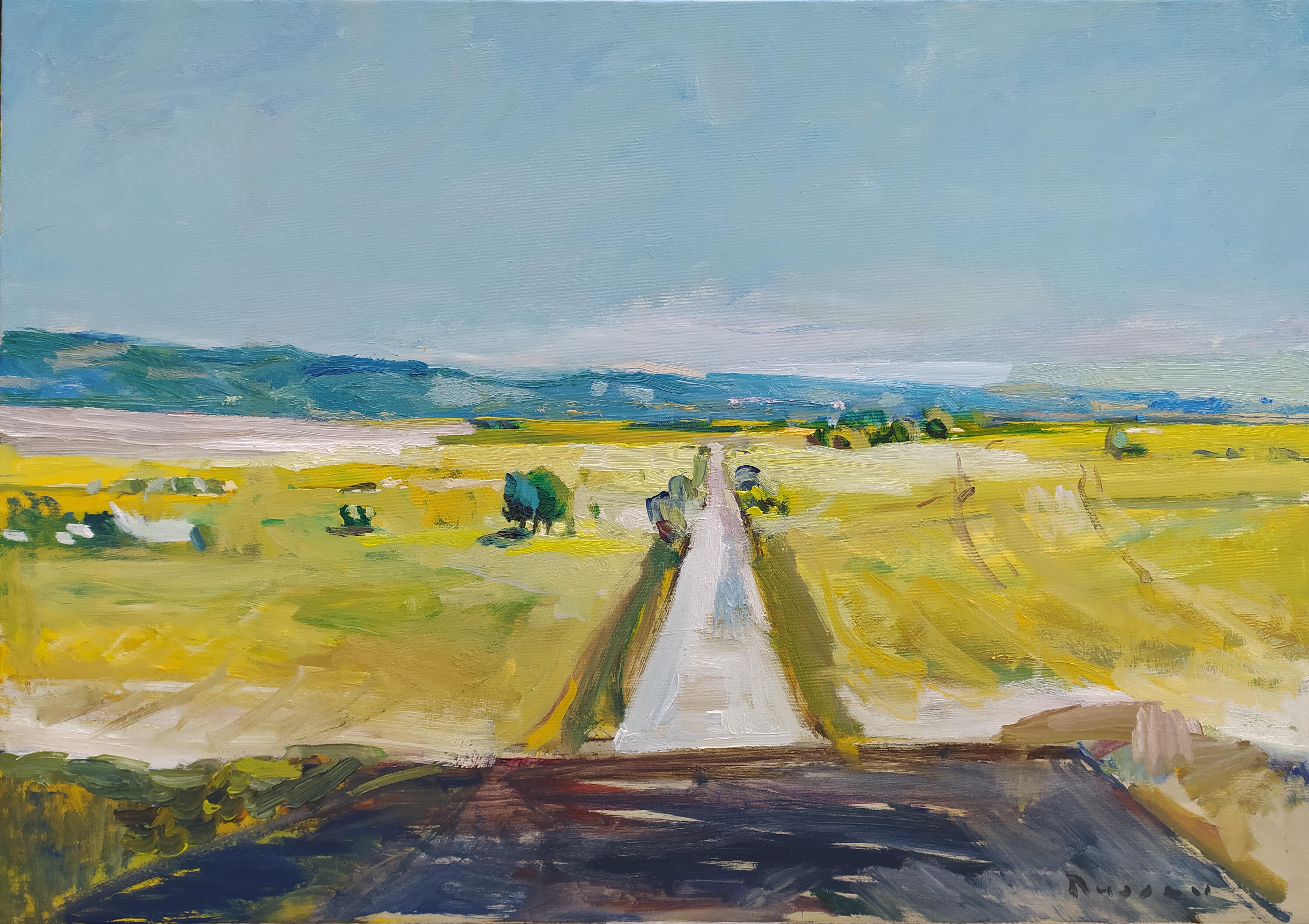 Ivan Roussev Landscape Painting – Provence - Öl-Landschaftsgemälde in Farben Blau Weiß Grau Grün Hellbraun