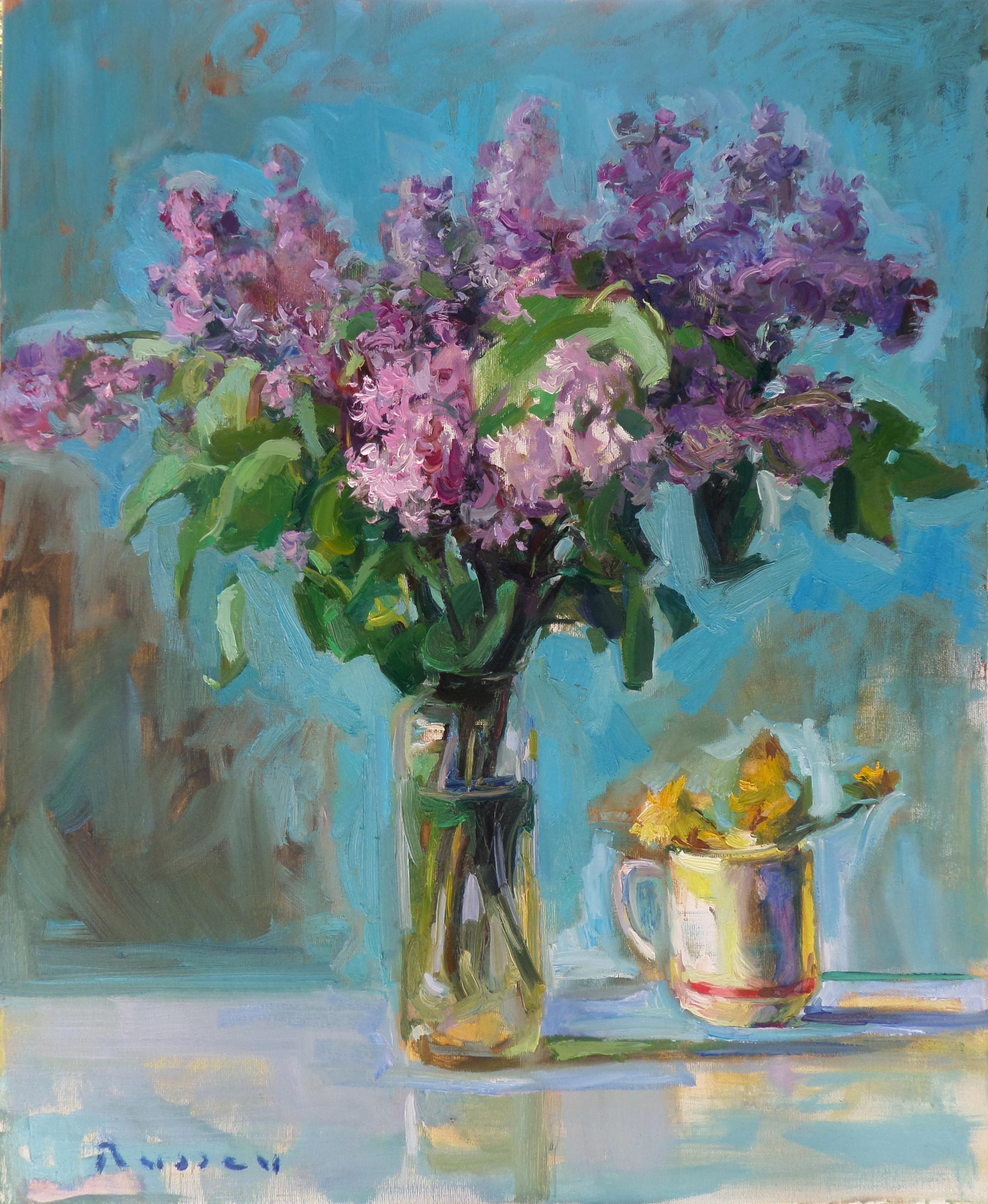 Ivan Roussev Still-Life Painting - Purple And Turquoise - Still Life Oil Painting Lilac Blue White Green Yellow