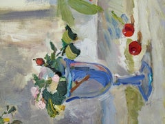 Rose Hüfte und Kirschen – Öl-Stillleben, Rot, Blau, Weiß, Braun, Grau und Grün