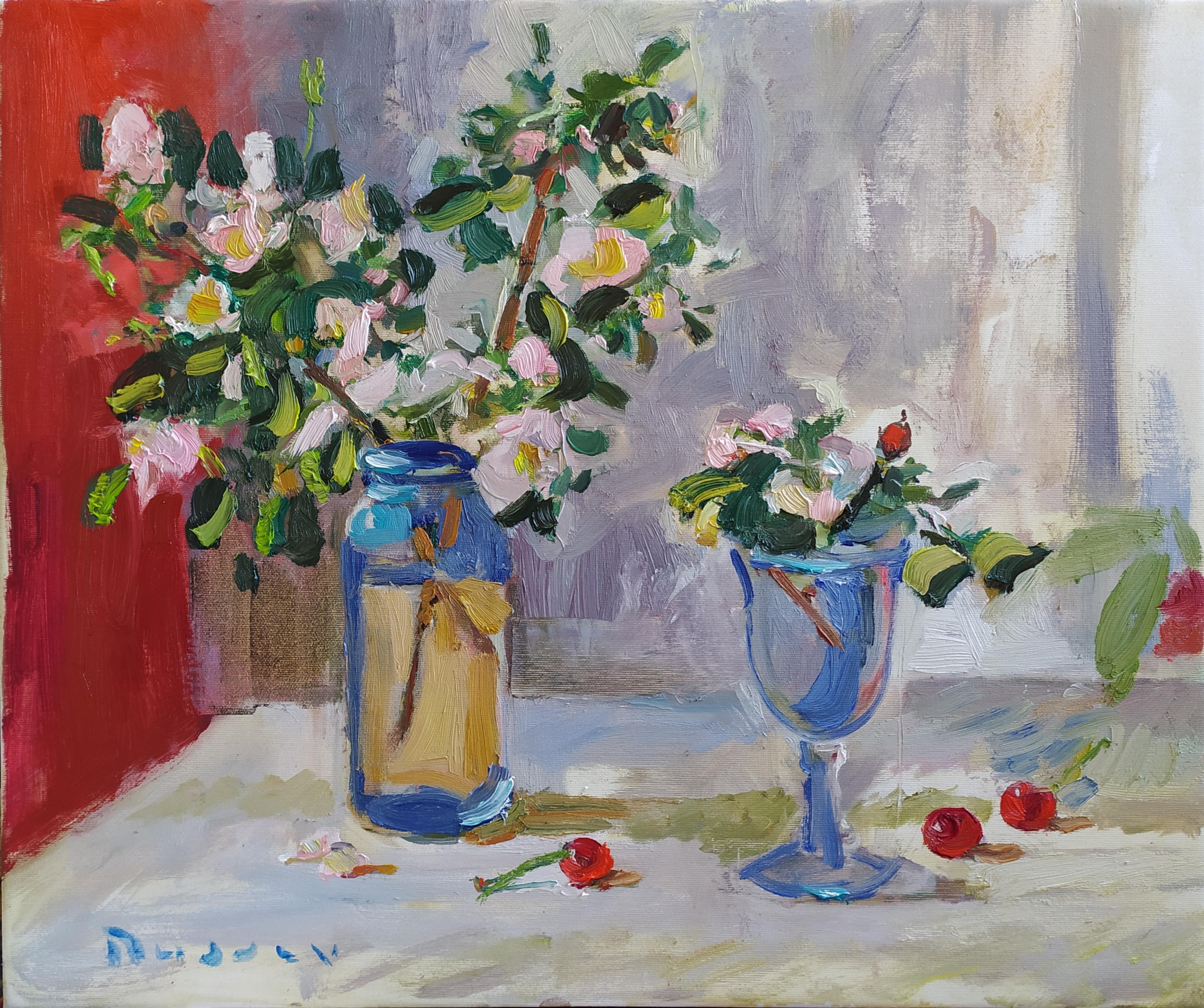 Rose hips and cherries - Oil Still Life Painting Red Blue White Brown Grey Green