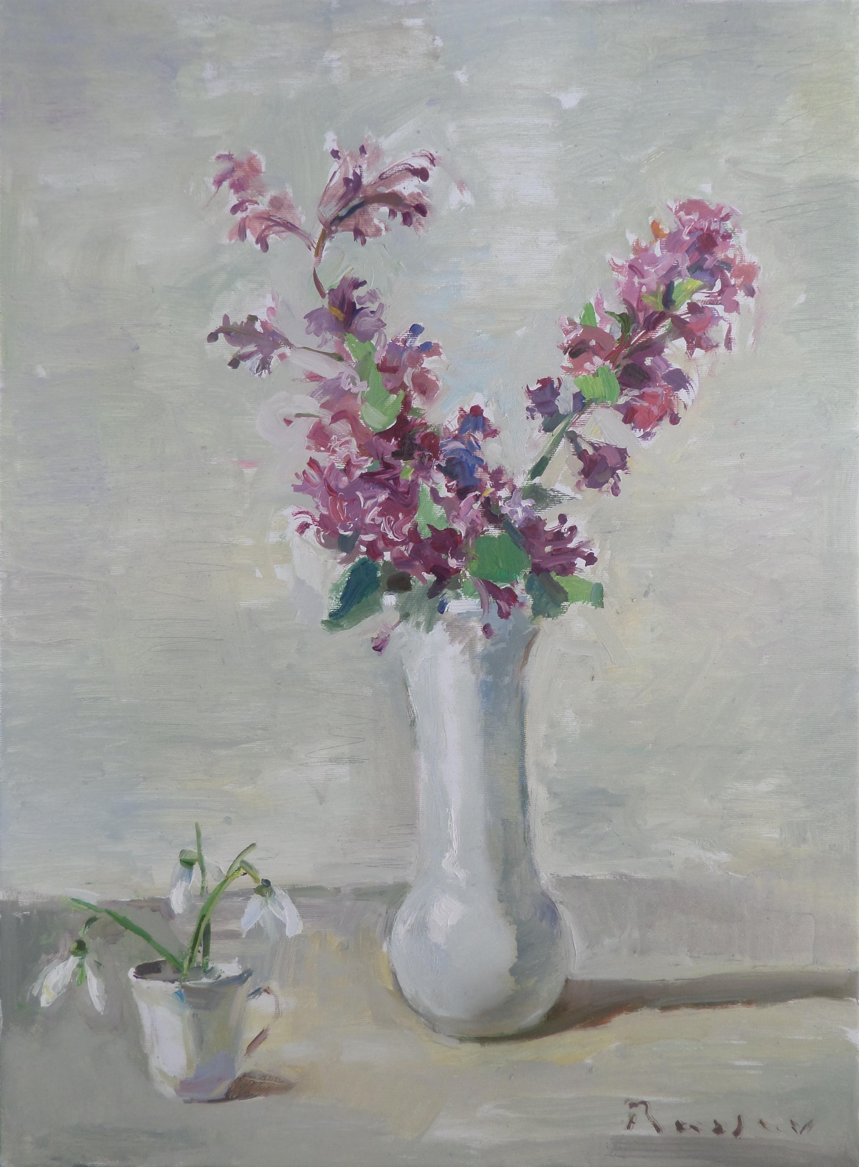 Scent Of Spring - Still Life Oil Painting Colors Grey Lilac Blue Green White