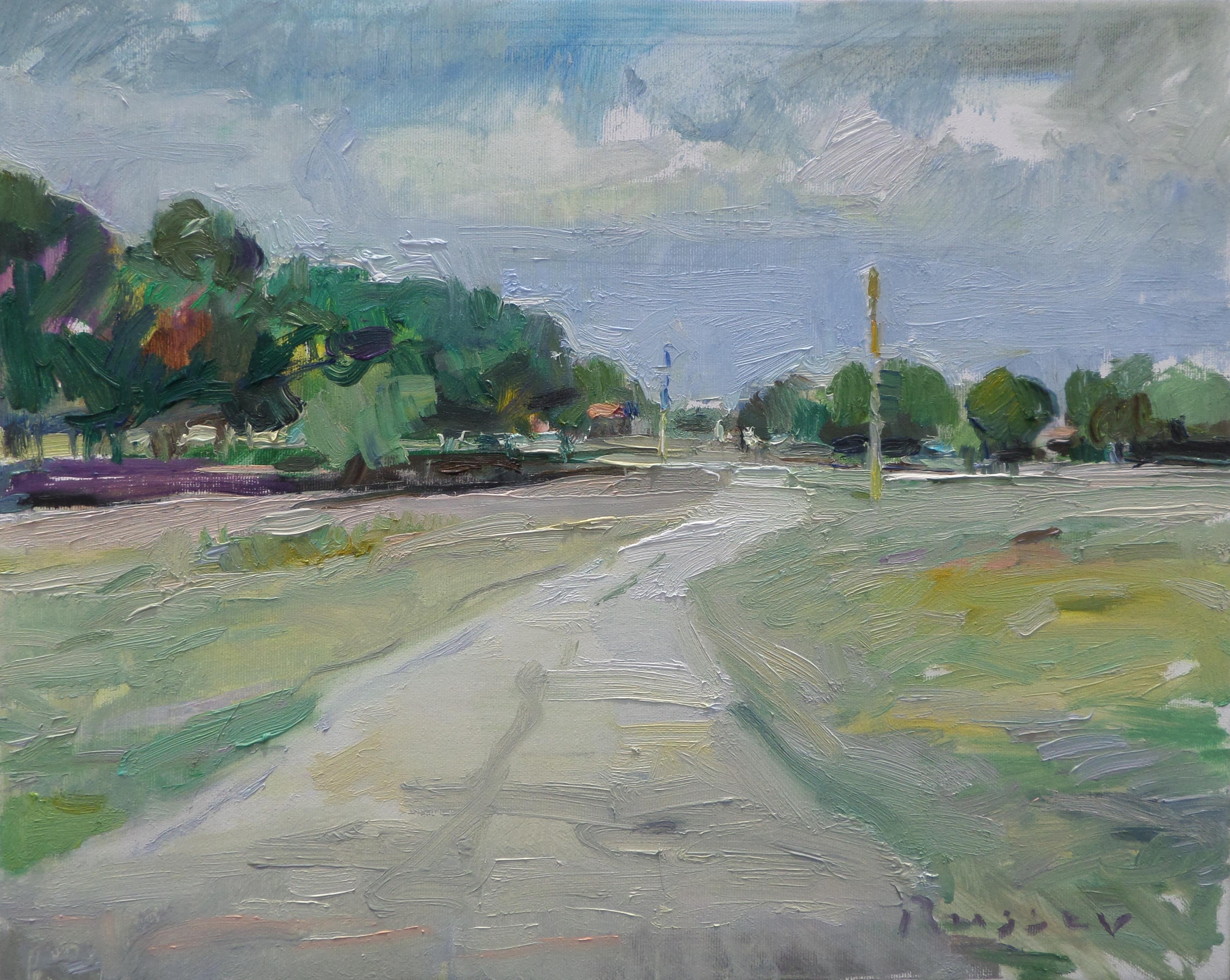 Ivan Roussev Landscape Painting - Sinemoretz - Landscape Oil Painting Colors Green Blue Brown White Grey