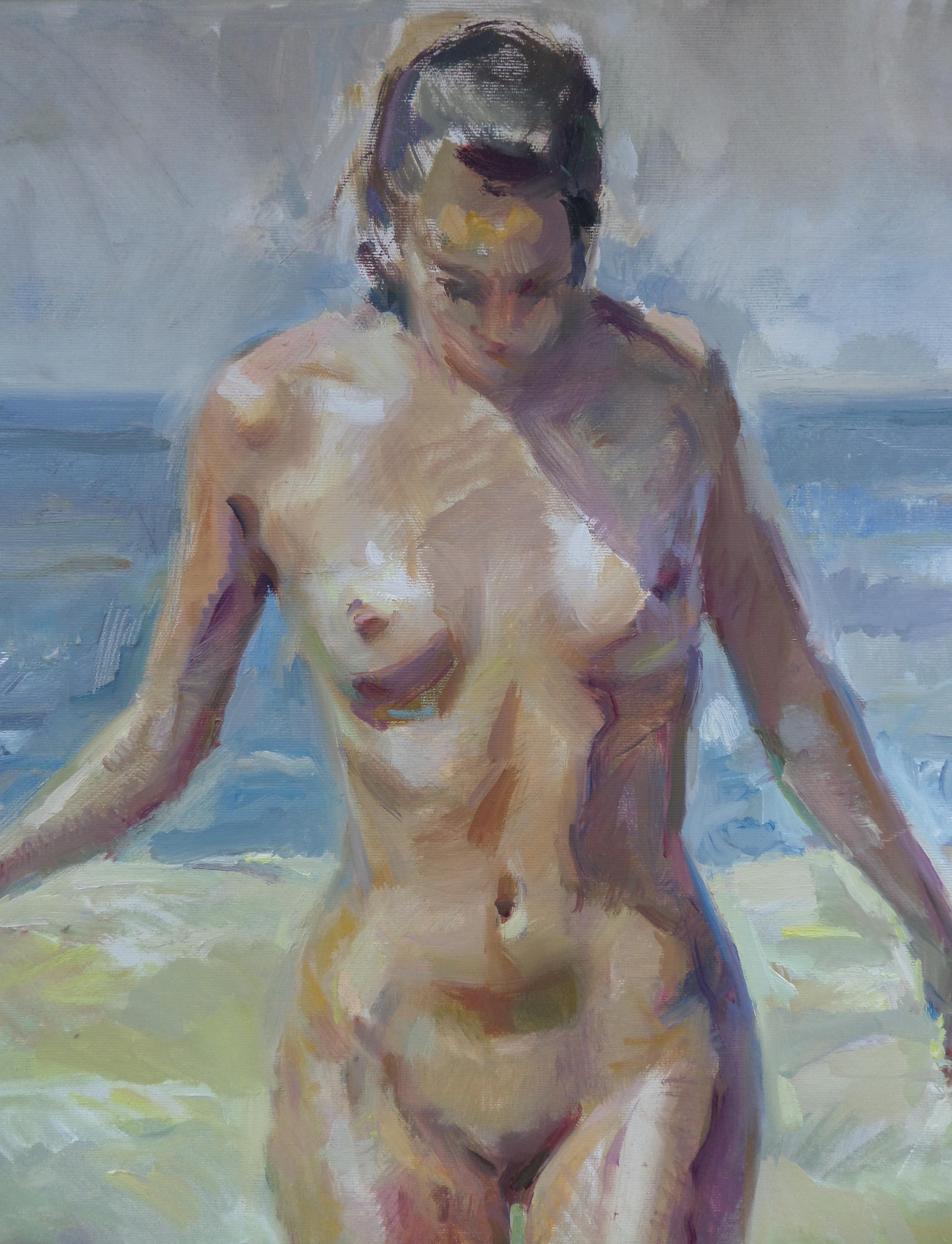 Summer - Nude Oil Painting Colors Blue White Grey Green Pale Brown Yellow For Sale 2