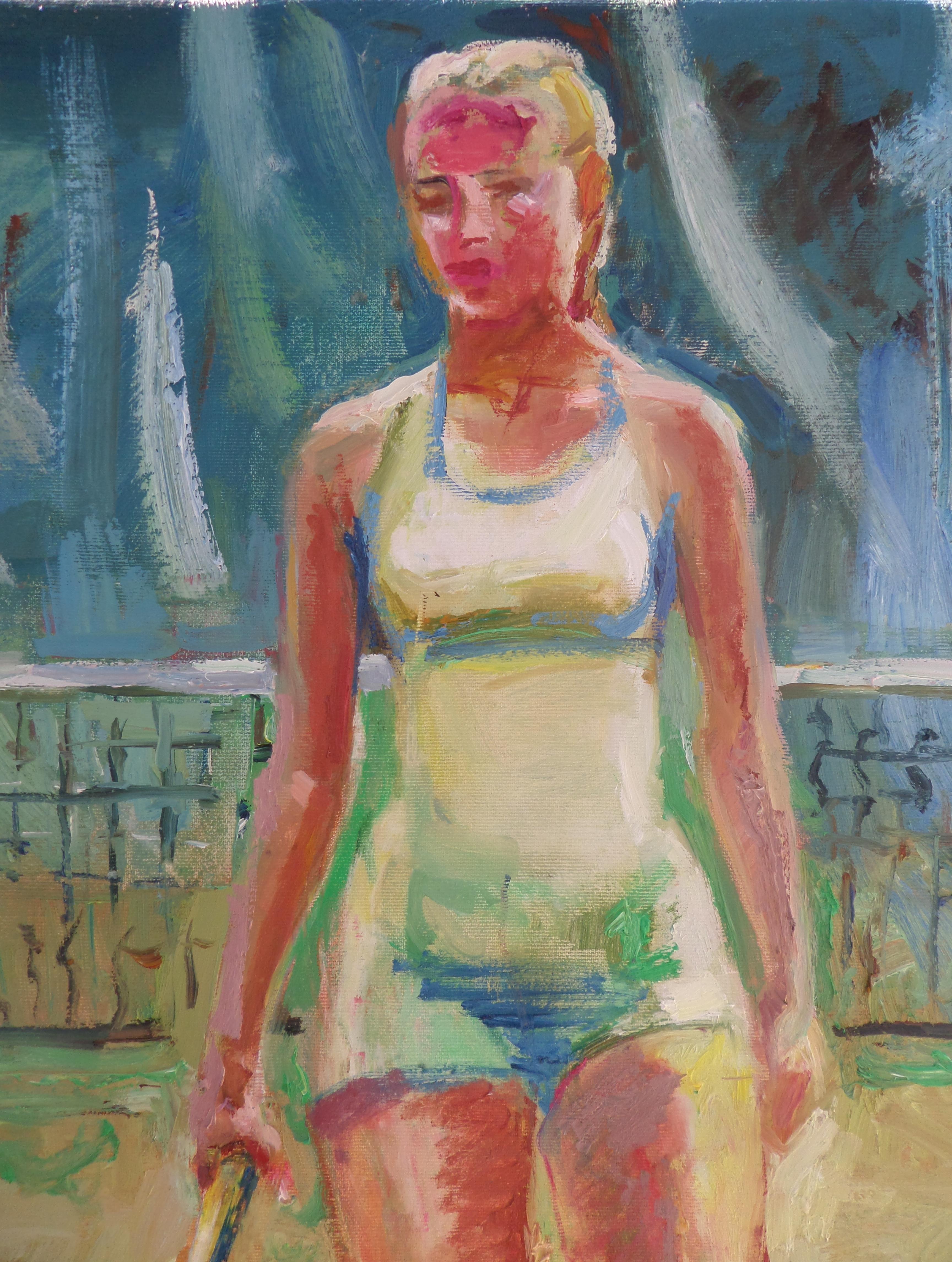 Tennis Game - Figurative Oil Painting Colors Blue White Red Yellow Green Pale  - Gray Figurative Painting by Ivan Roussev