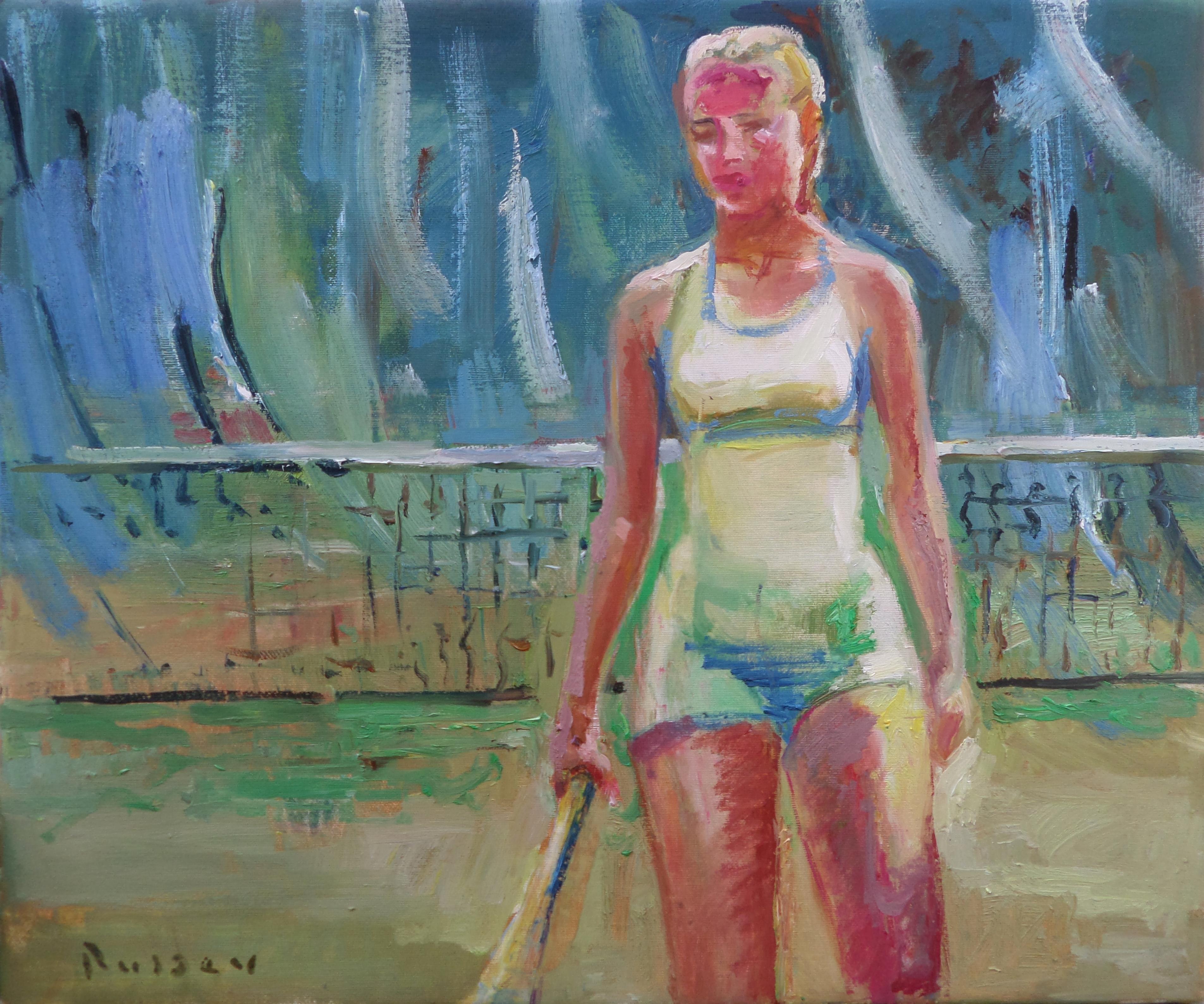 Ivan Roussev Figurative Painting - Tennis Game - Figurative Oil Painting Colors Blue White Red Yellow Green Pale 
