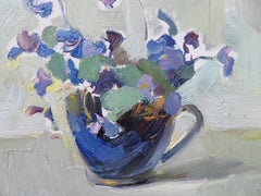 Violette - Natura morta pittura ad olio Colori Blu Lilla Bianco Grigio Verde