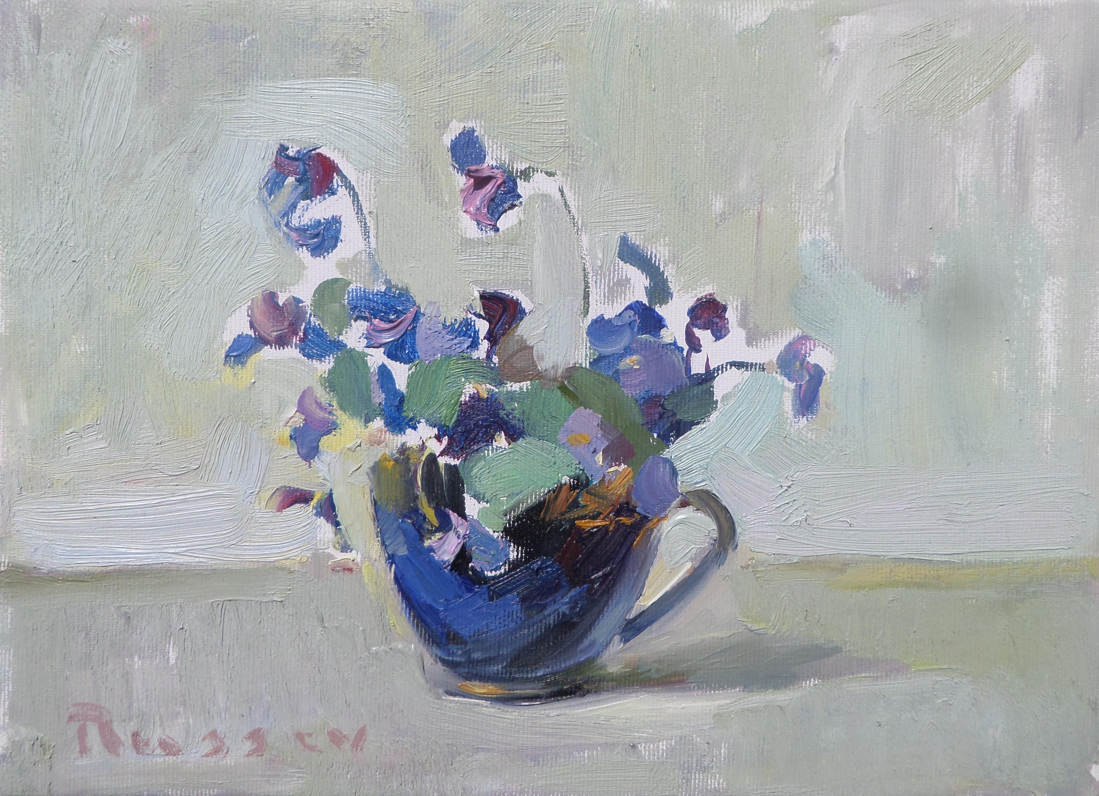Ivan Roussev Still-Life Painting - Violets - Still Life Painting Oil Painting Colors Blue Lilac White Grey Green