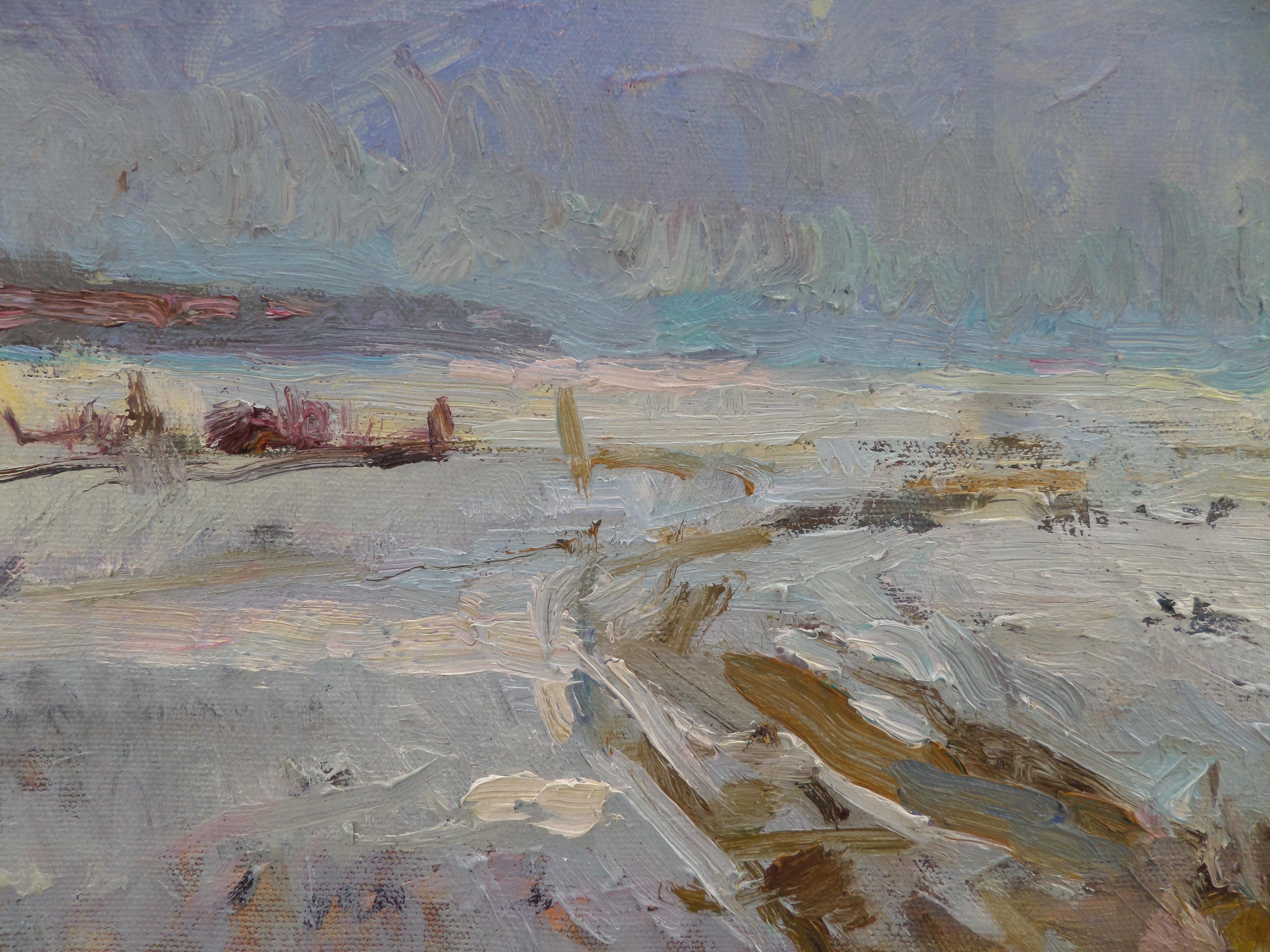 Invierno - Paisaje Pintura al óleo Colores Azul Blanco Rosa Marrón Amarillo Verde - Painting de Ivan Roussev