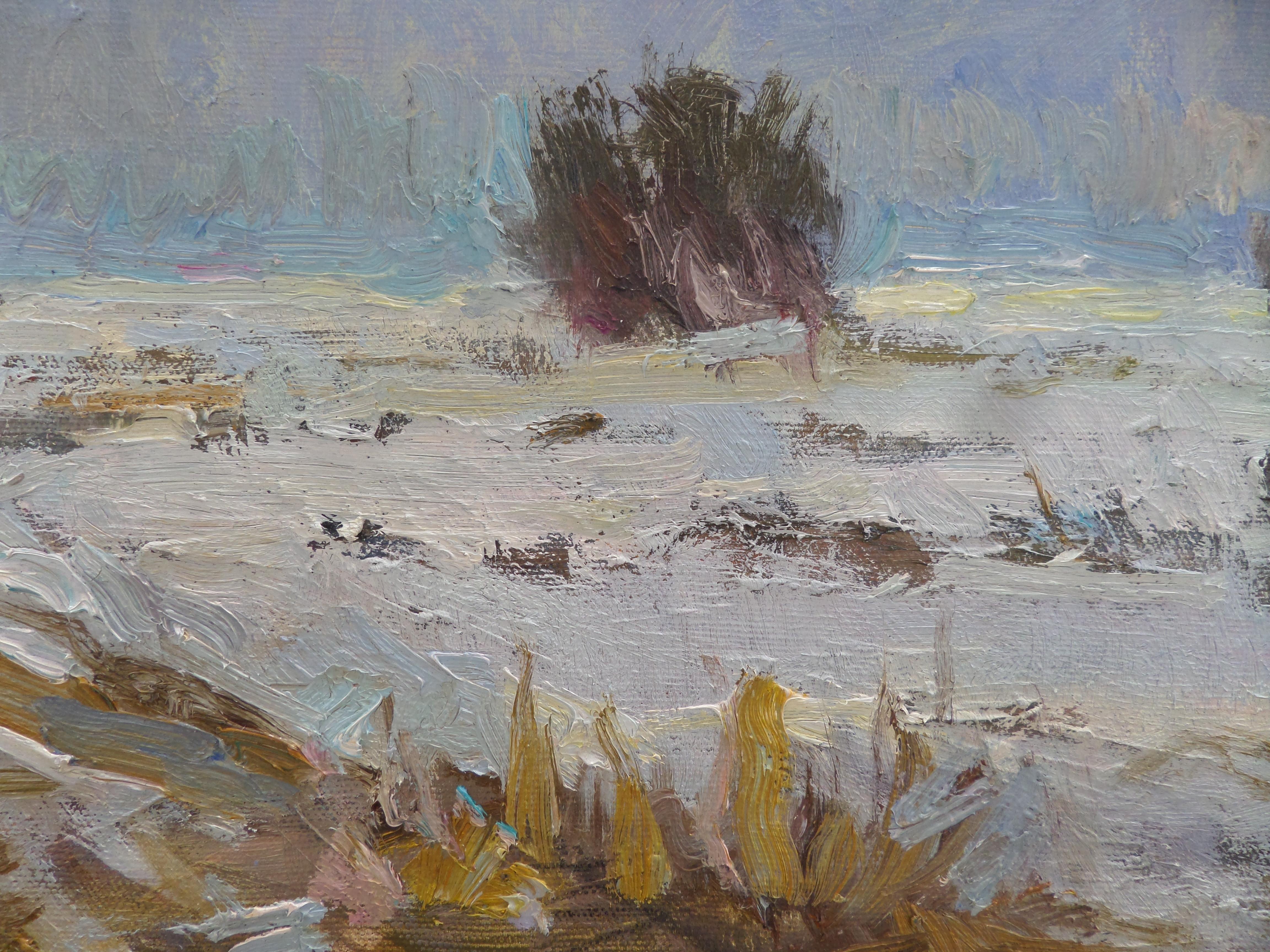 Invierno - Paisaje Pintura al óleo Colores Azul Blanco Rosa Marrón Amarillo Verde - Painting Impresionista de Ivan Roussev