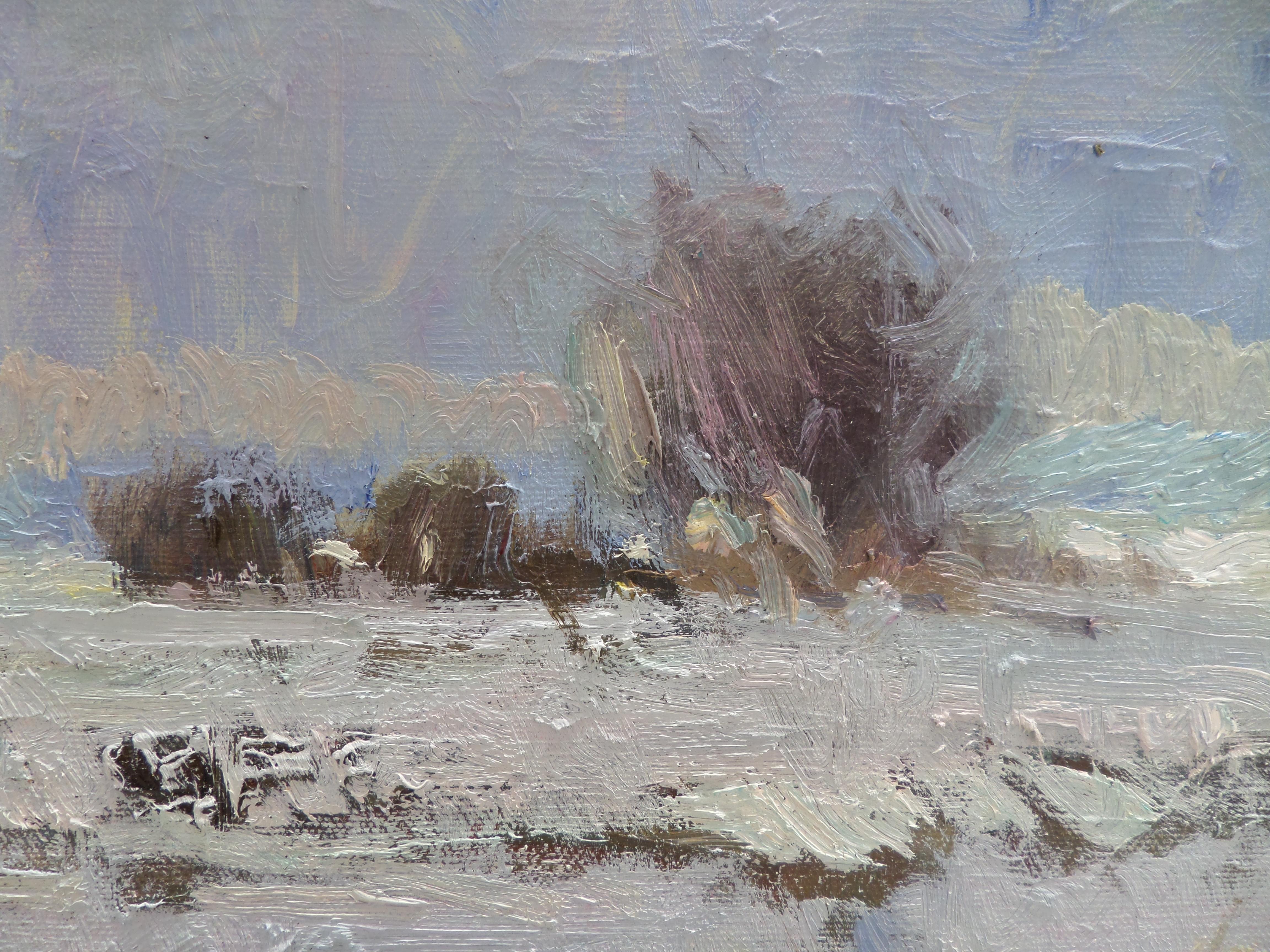 Winter - Landscape Oil Painting Colors Blue White Pink Brown Yellow Green - Gray Landscape Painting by Ivan Roussev