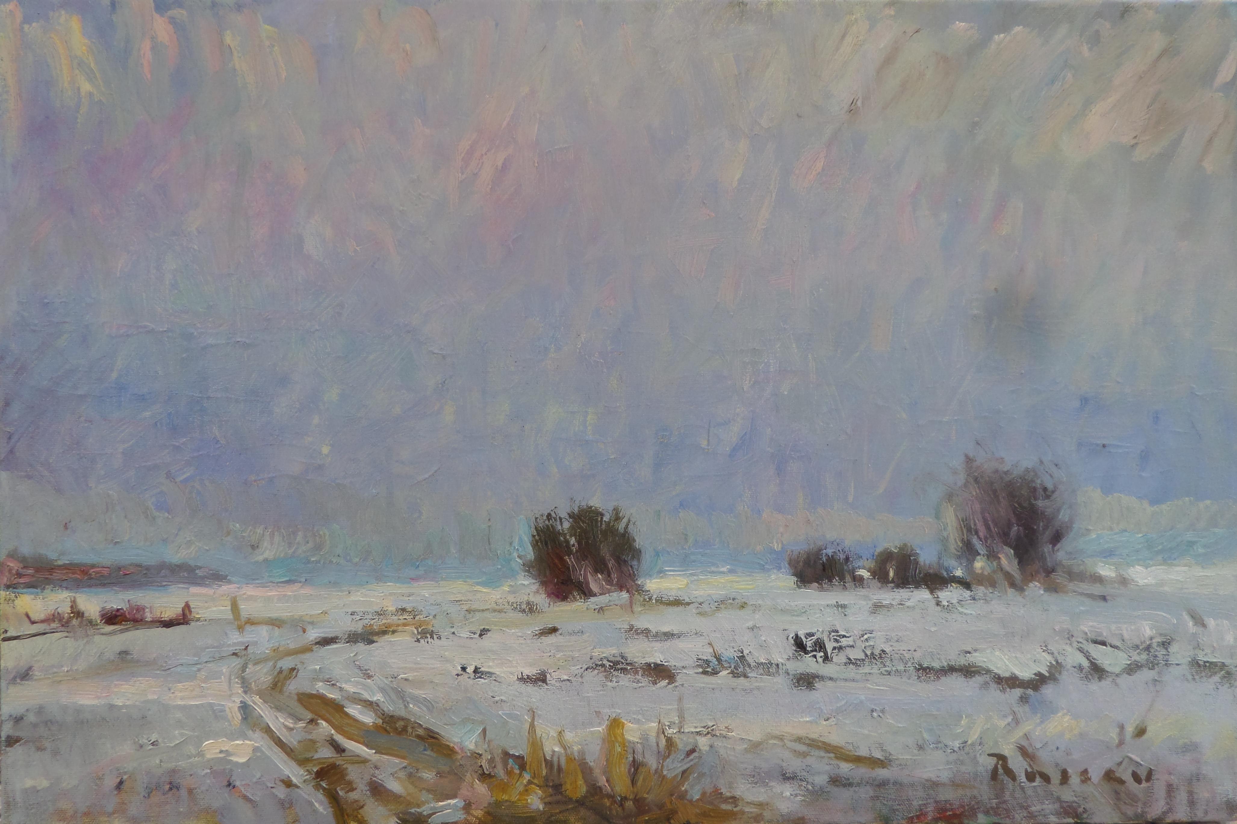 Ivan Roussev Landscape Painting - Winter - Landscape Oil Painting Colors Blue White Pink Brown Yellow Green
