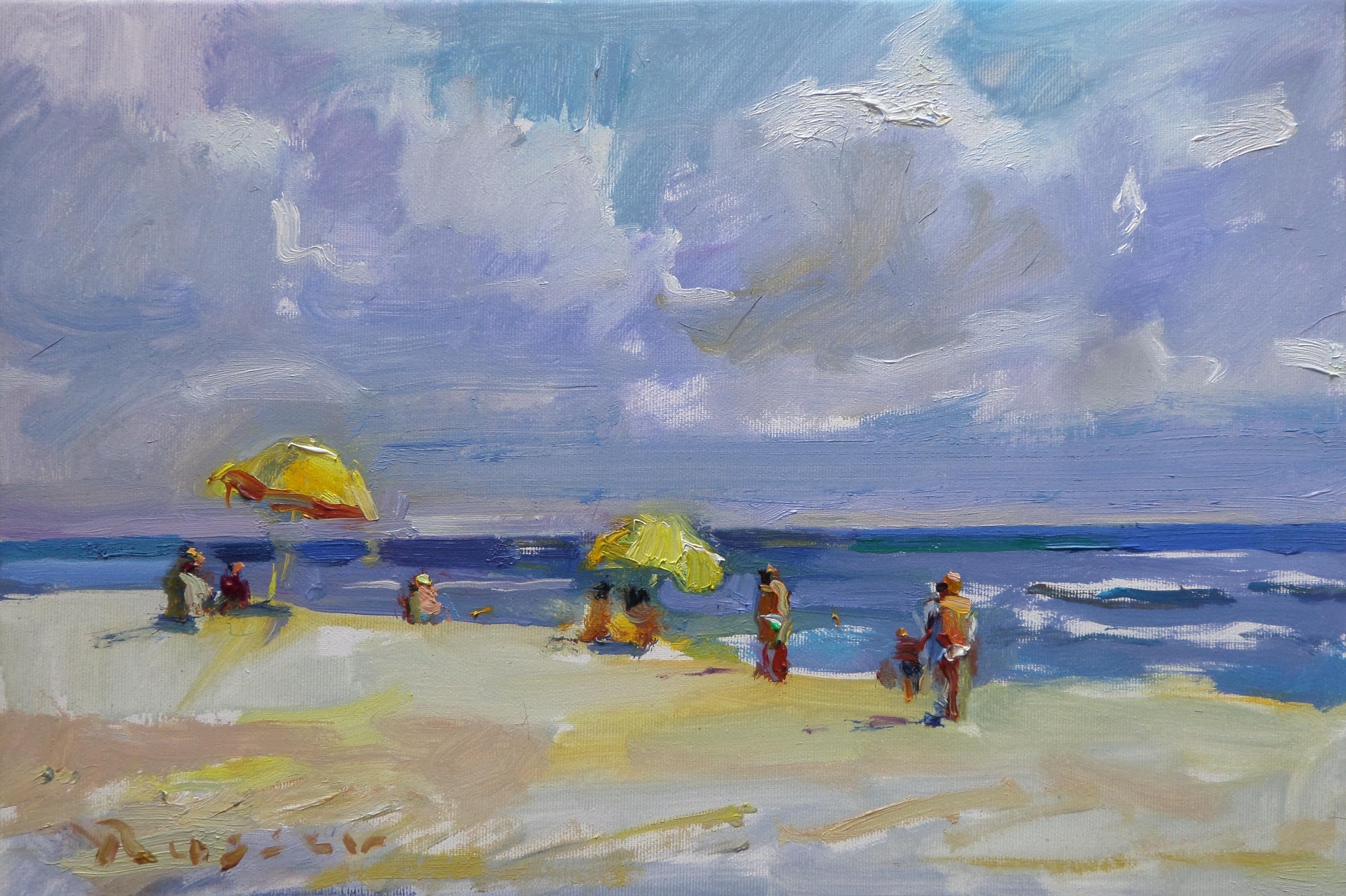 Ivan Roussev Landscape Painting – Yellow Umbrellas 