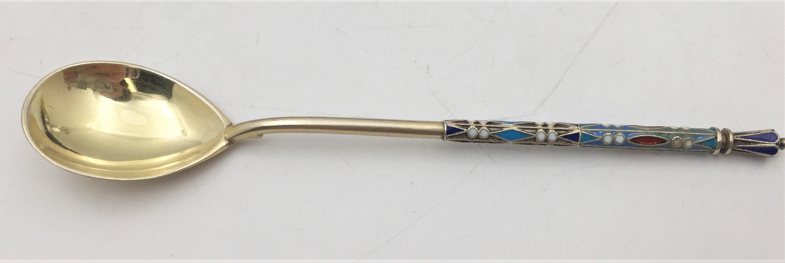 Ivan Saltykov Set of 12 Gilt Russian Silver and Enamel Spoons in Faberge Style In Good Condition In New York, NY