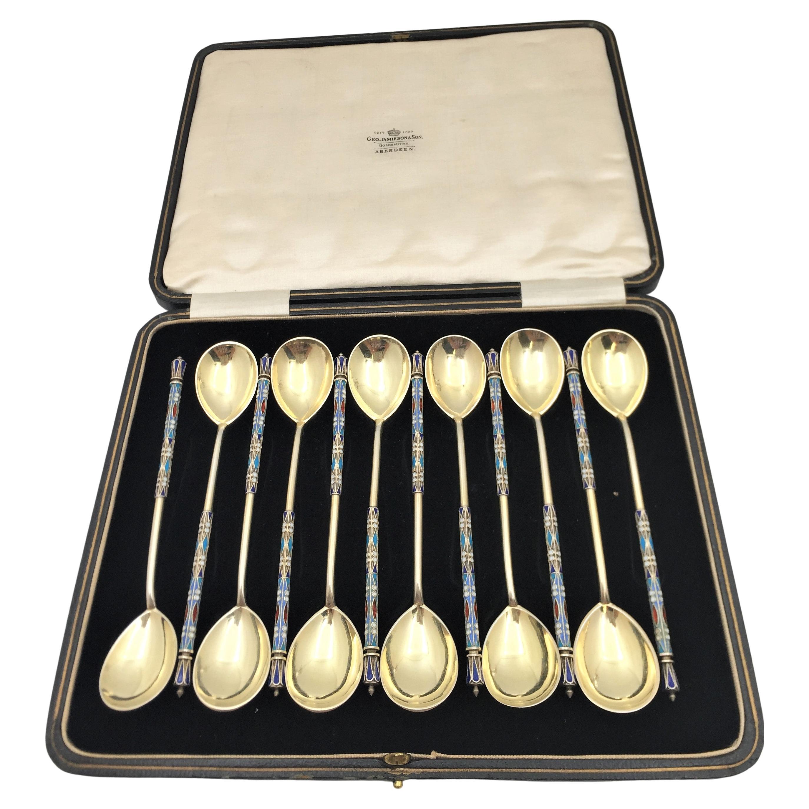 Ivan Saltykov Set of 12 Gilt Russian Silver and Enamel Spoons in Faberge Style