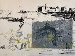 Lithographie sérigraphiée d'une scène de rue de Jérusalem des années 1970, Ivan Schwebel Bezalel artiste