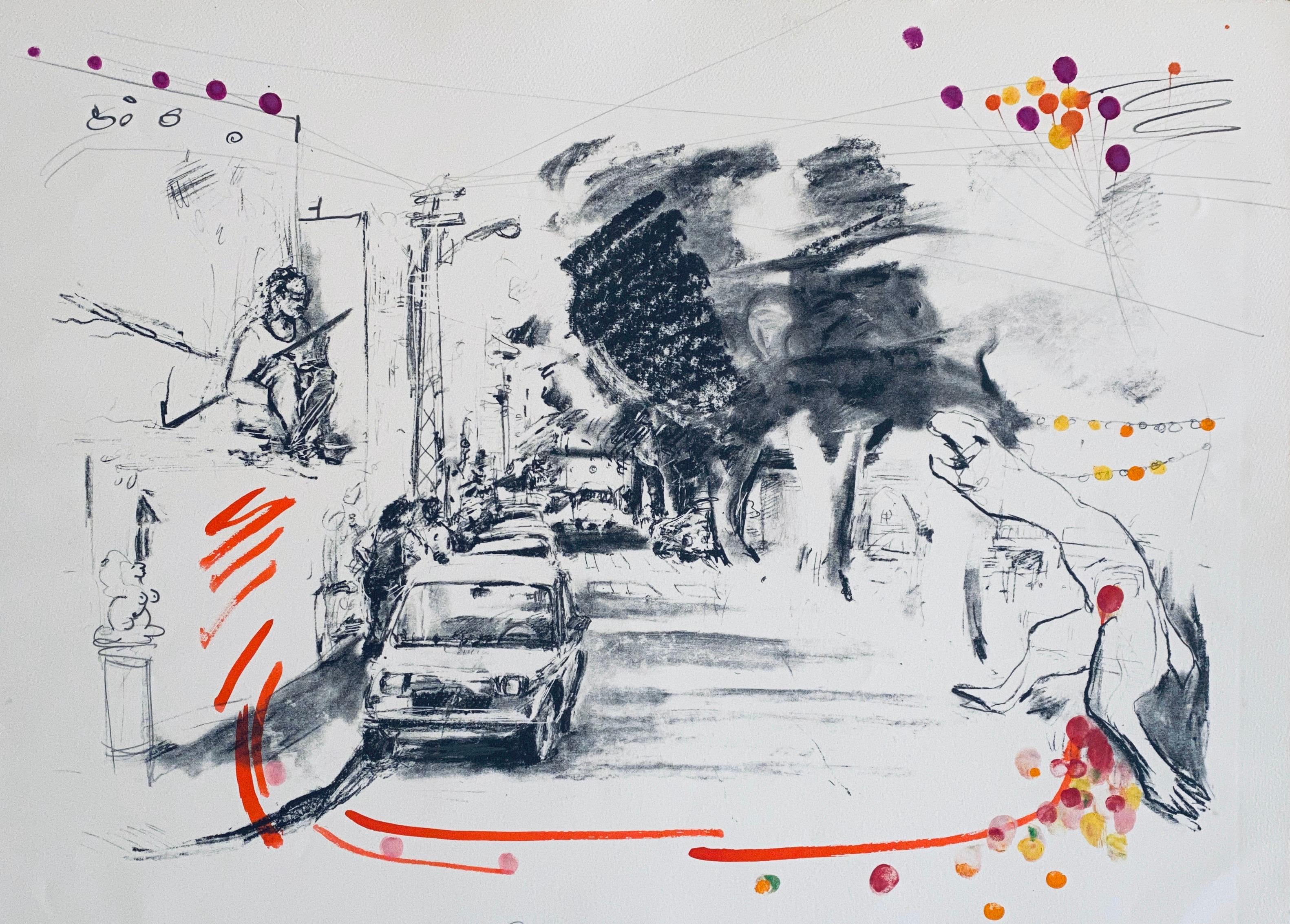 Litografia dipinta a mano "Tel Aviv Dragon Slayer" Scuola israelo-americana di Bezalel - Mixed Media Art di Ivan Schwebel