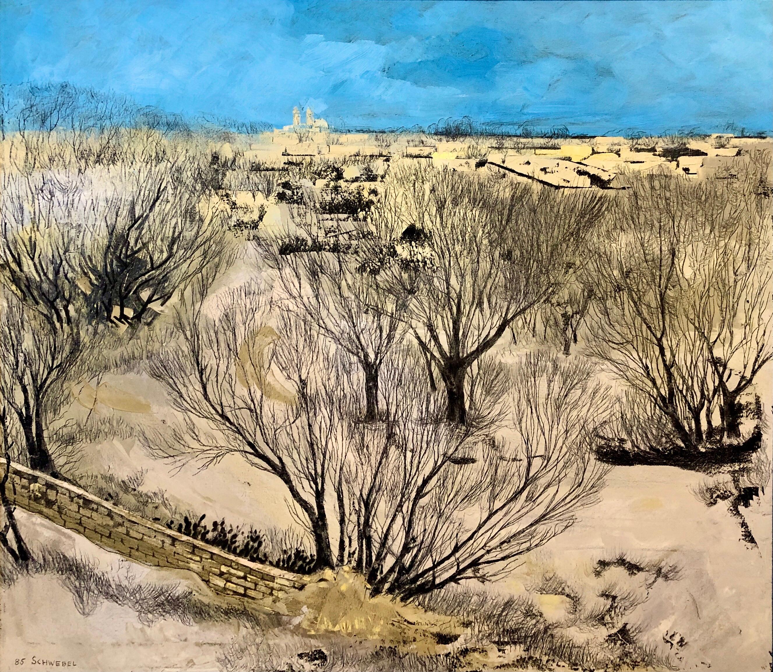 Ivan Schwebel Landscape Painting - Jerusalem Modernist Landscape Oil Painting Israeli Bezalel Artist, Judaica Art