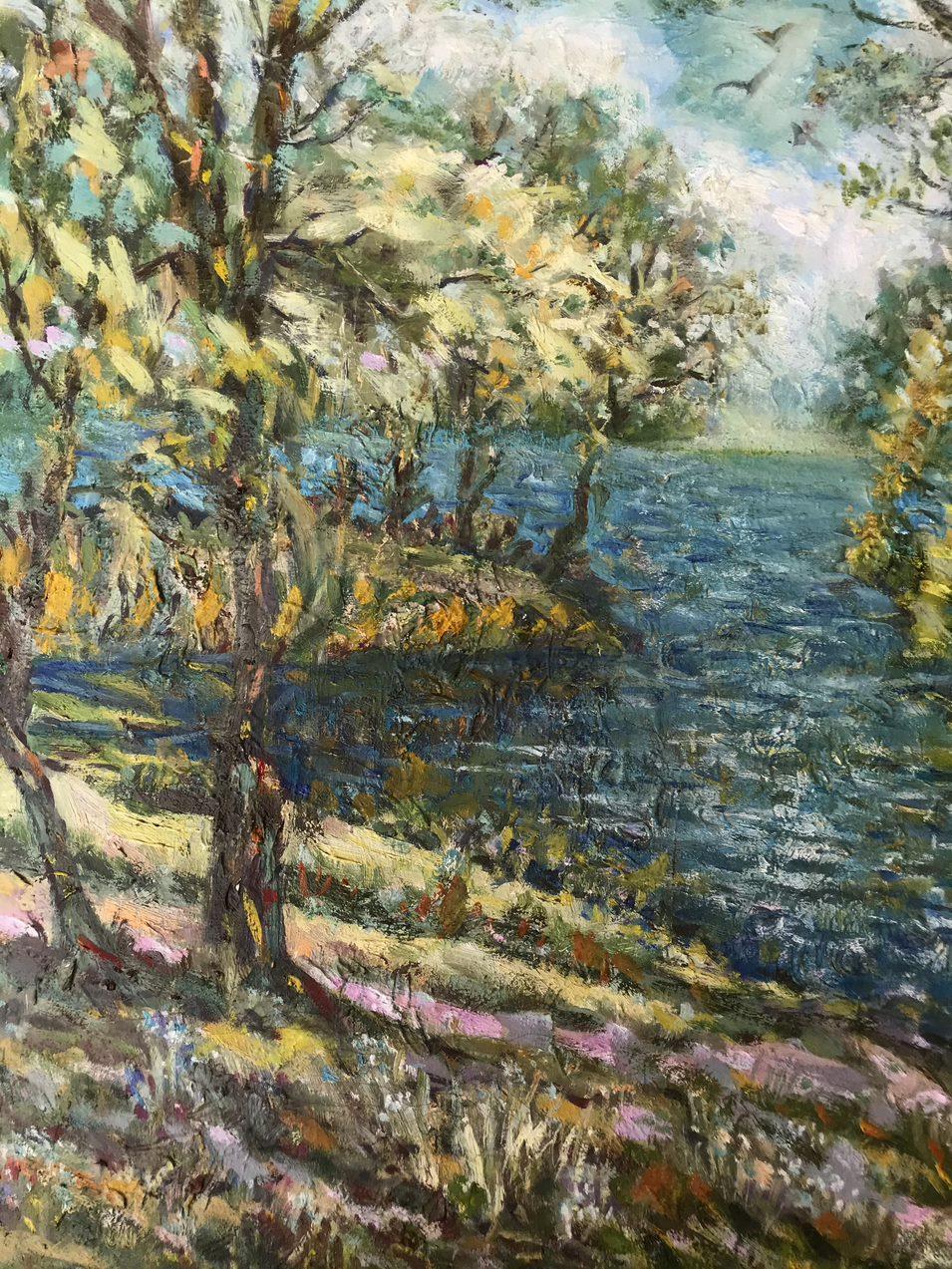 A river flows, Original oil Painting, Handmade, Ready to Hang For Sale 1