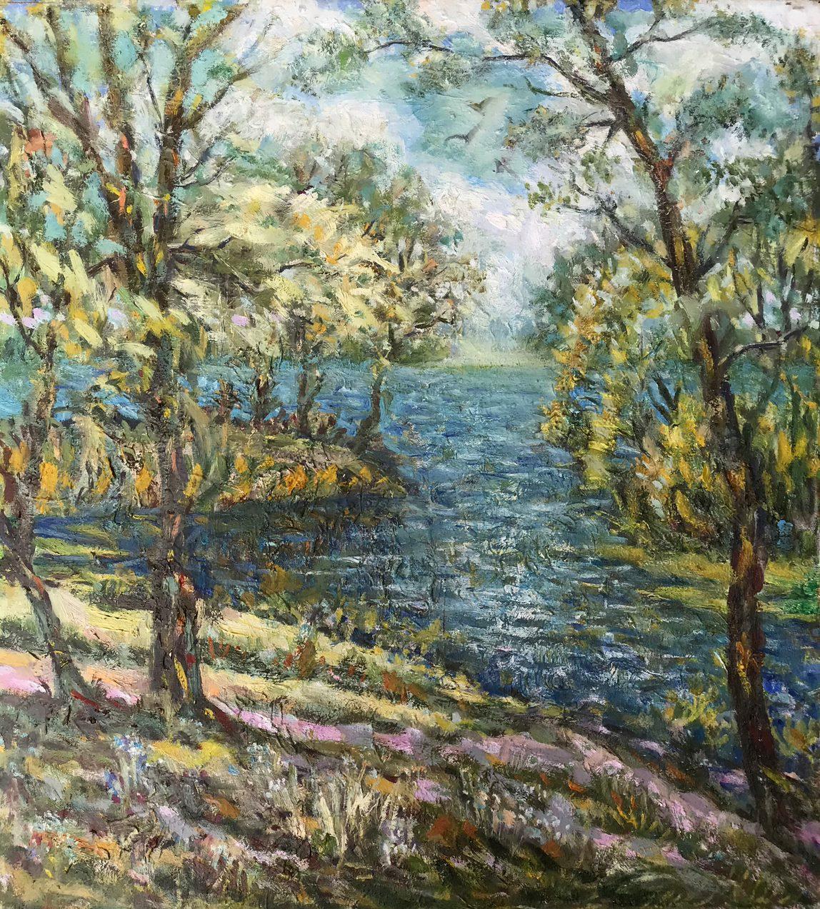 Ivan Shapoval Landscape Painting - A river flows, Original oil Painting, Handmade, Ready to Hang