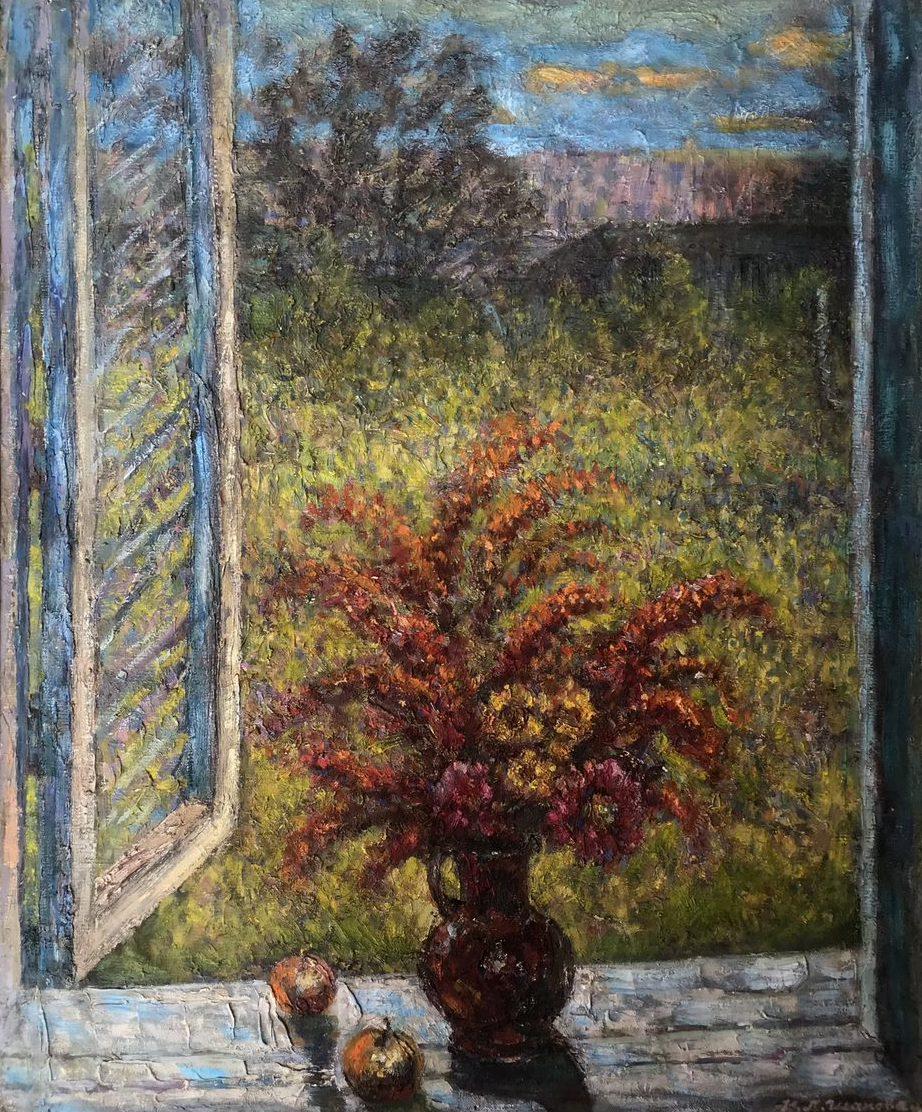 At the open Window, Still Life, Original oil Painting, Ready to Hang