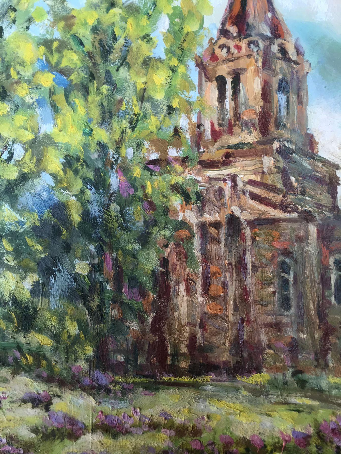 Ryabushki Village and Church, Original oil Painting, Ready to Hang For Sale 3