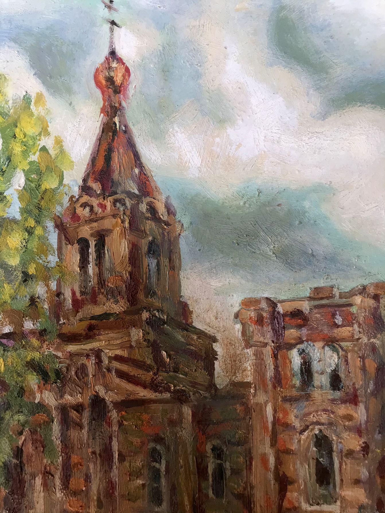 Ryabushki Village and Church, Original oil Painting, Ready to Hang For Sale 4